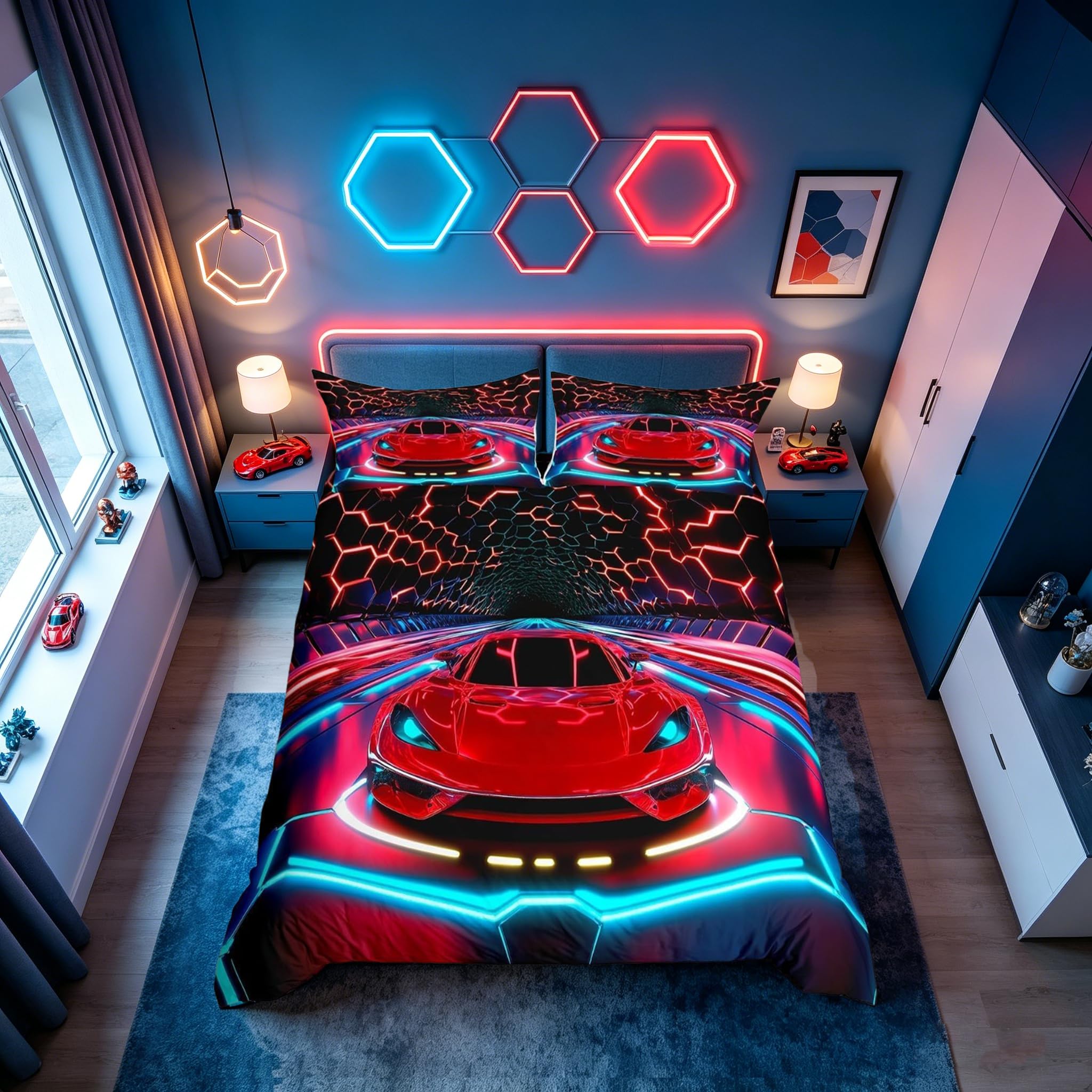 Homemissing Kids Race Car Duvet Cover Set Super King Size for Boys Girls Red Black Speed Sports Car Bedding Set Extreme Sports Theme Duvet Cover with 2 Pillowcases Luxury Soft Bedding — image 1