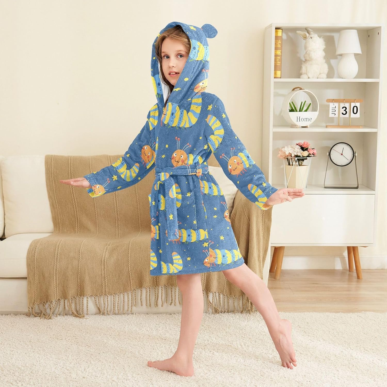 senya Cartoon Caterpill Toddler Hooded Bathrobe Kids Soft Plush Bath Towel Robes for Boys Girls 2-12 Years