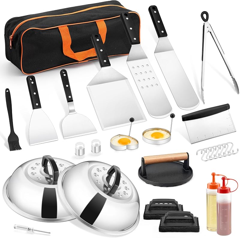Kit de accesorios para parrilla, HaSteeL, 20 piezas, accesorios para parrilla de parte superior plana para acampar, juego de herramientas profesionales para parrilla de espátula ABS con cúpula de fusión para barbacoa Teppanyaki al aire libre, regalo perfecto para parrilla