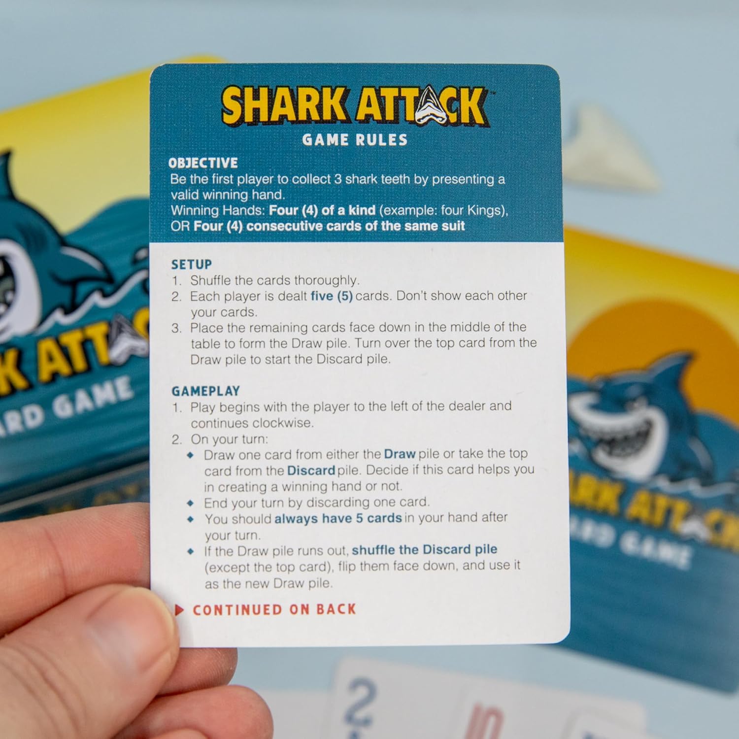 Shark Attack Card Game – Fast-Paced Family Strategy Game for All Ages, 2–6 Players, Includes 52 Cards & Shark Teeth Tokens in Durable Tin – Beach & Travel Game