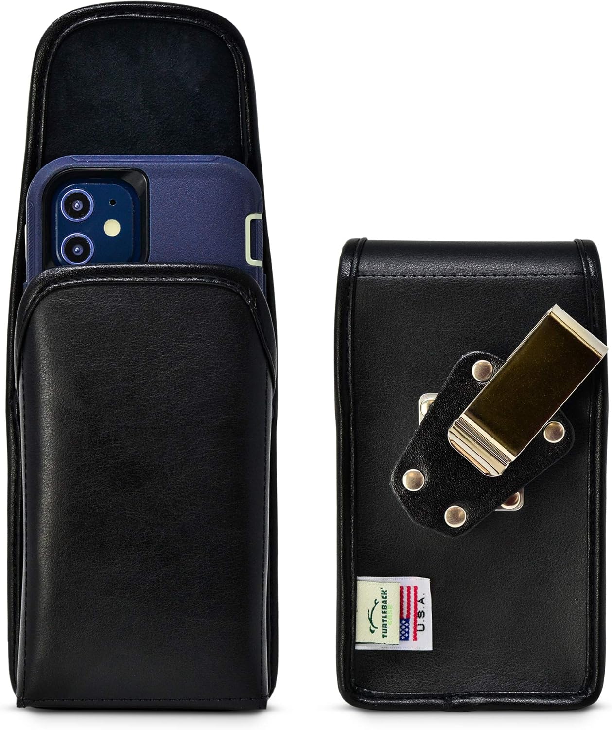 Turtleback Belt Case Designed for iPhone 12 & 13 Mini Fits w/OB Defender or Bulky Cases, Vertical Holster Black Leather Pouch with Heavy Duty Rotating Belt Clip,