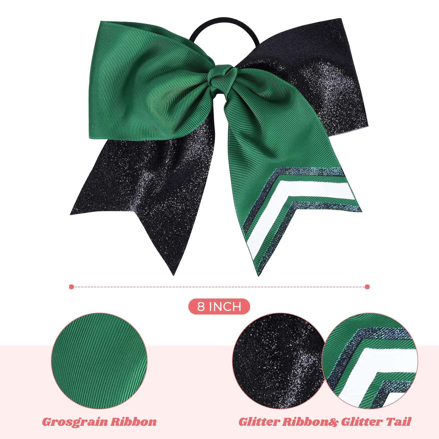 DEEKA 8PCS 8" Two Toned Large Glitter Cheer Bows Shiny Cheer Hair Bows Ponytail Holder Handmade for Cheerleader Girls Softball Sports -g Black/Green