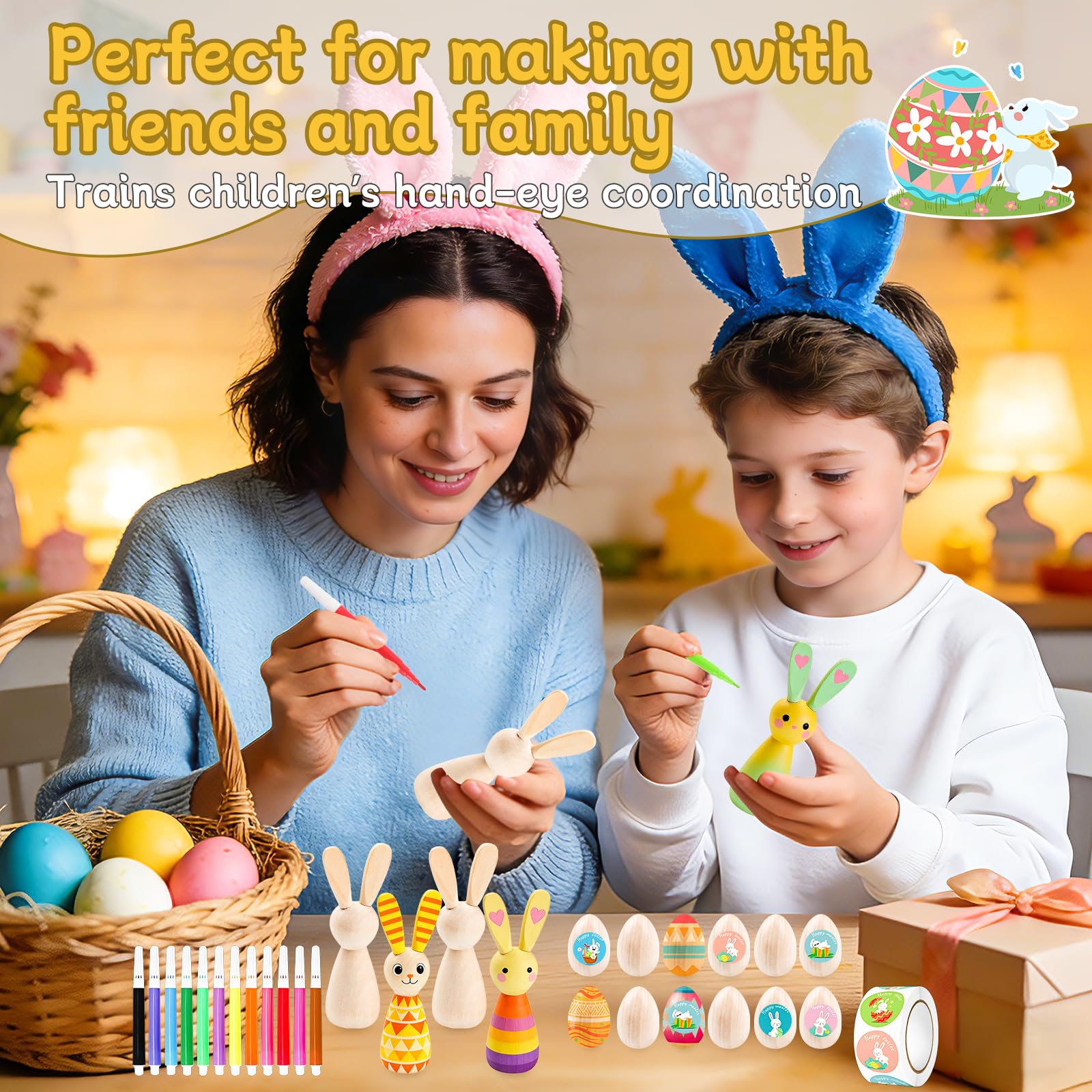 HGRGHH Huevos de Pascua para Pintar, Set Manualidades Pascua 530 Piezas, Huevos y Conejo de Pascua de Madera, Kit DIY Manualidades Niños con Pegatinas y Acuarelas, Decoración y Regalo — view 5