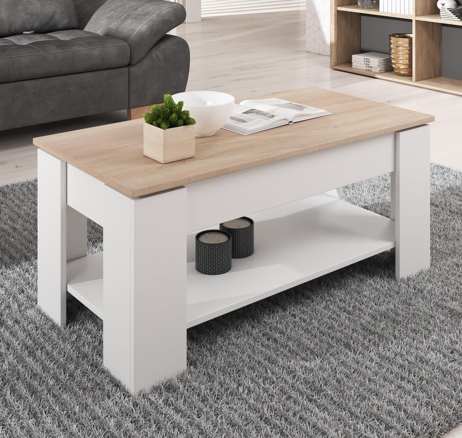 MB Muebles Bonitos, Mesa de Centro Elevable con Almacenameinto Nicoleta, Mesa pequeña para Salón, Melamina Mate, Color Blanco y Sonoma, 100x50x43,5 cm