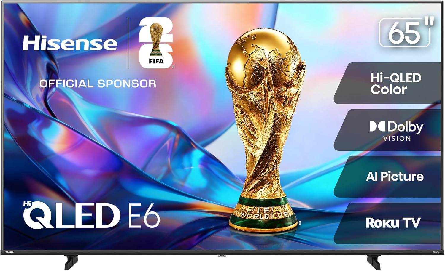 Hisense 65" Class E6SR Series Hi-QLED 4K UHD Smart Roku TV (65E6SR, 2026 Model) - Dolby Vision, Game Mode Plus, VRR, ALLM, DTS Virtual:X, Apple AirPlay, Compatible with Alexa and Google Assistant