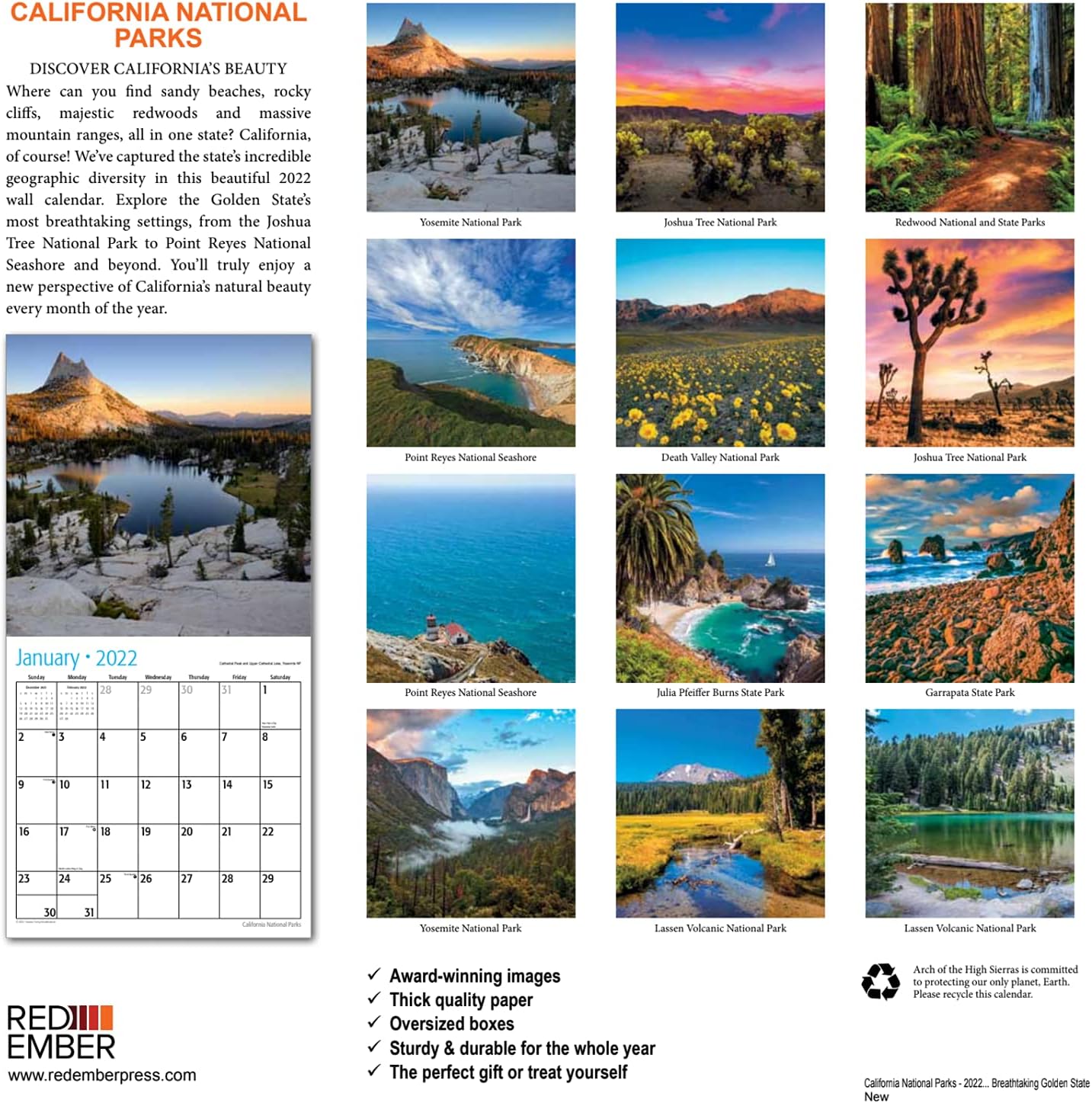 RED EMBER California National Parks 2022 Hangable Wall Calendar - 12" x 24" Opened - Thick & Sturdy Paper - Giftable - Discover California's Beauty : Office Products