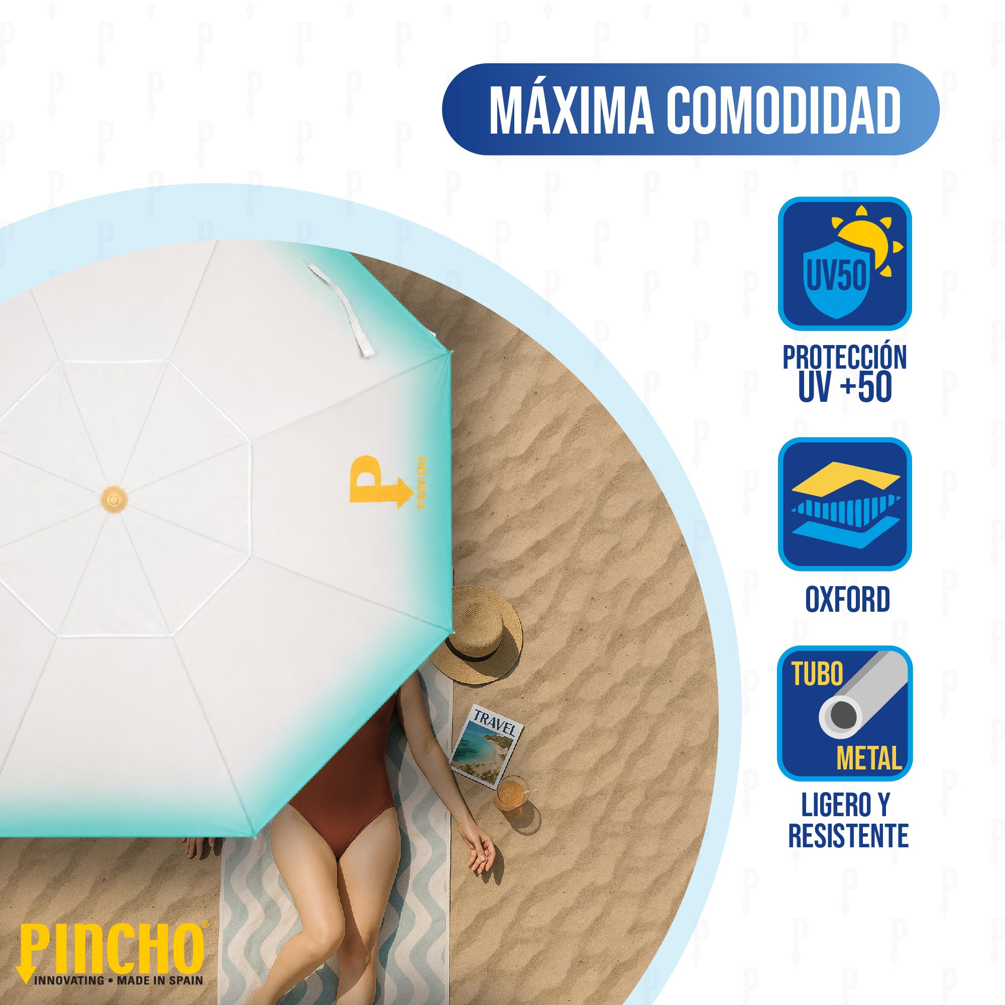 Pincho Sombrilla Playa Grande Familiar 200 cm, Sombrilla Playa Anti Viento UV50 Inclinable con Ventana, Soporte Anclaje y Bolsa Transporte, Tubo Aluminio Oxford, 8 Varillas Flexibles Fibra Vidrio