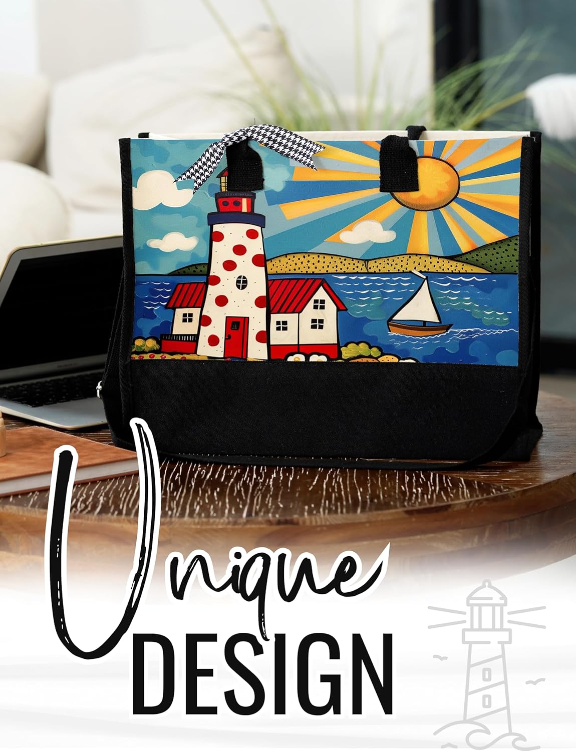 InnoBeta Lighthouse Gifts, Canvas Tote Bag with Top Zipper Closure and Shoulder Strap for Birthday, Christmas and Every Special Occasion