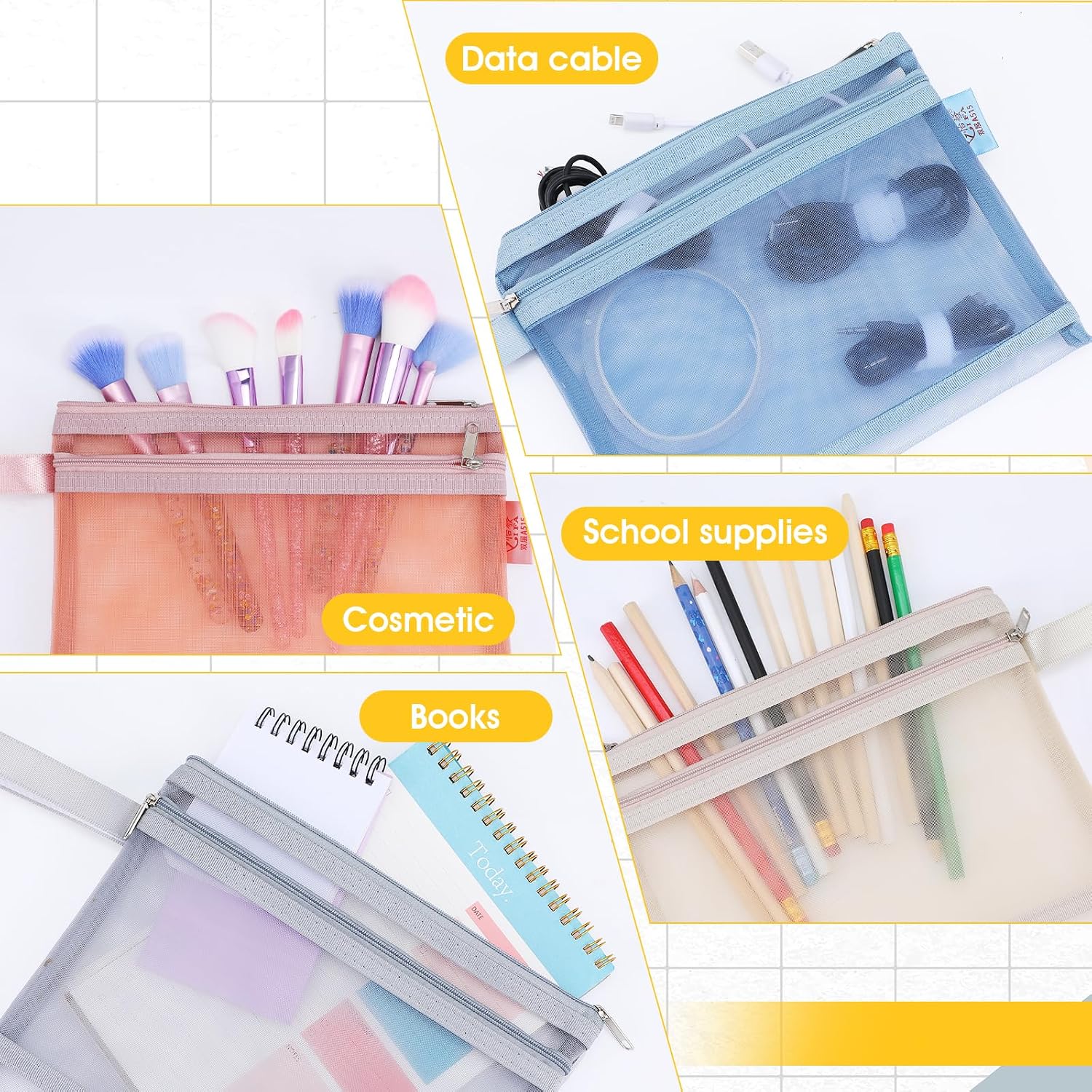 10 Pack Colored Mesh Zipper Pouch Bags, Double-Layer Nylon Building Block Sets Toy Storage & Organization, Breathable See Through (5Pcs A4+5Pcs A5) Zipper Pouch with Handle for Activity Office Games