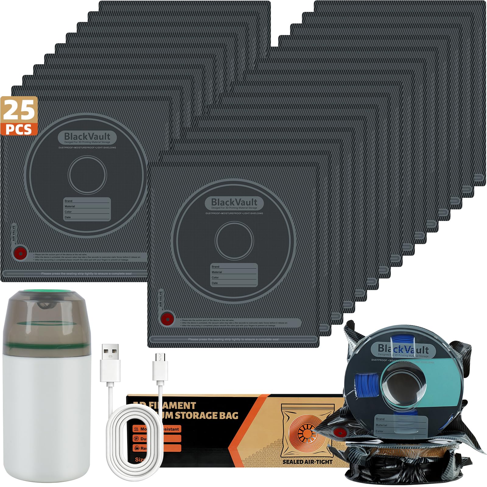 Photo 1 of Hifree 25 Pcs 3D Filament Vacuum Storage Bags Kit with 5 Sealing Clip and 1Pump PA/DP/PC/PLA/ABS/TPU/ASA/PETG Lightproof Dustproof Humidity Resistant Reusable Vacuum Storage Seal Bag(12.6" X 13.4")