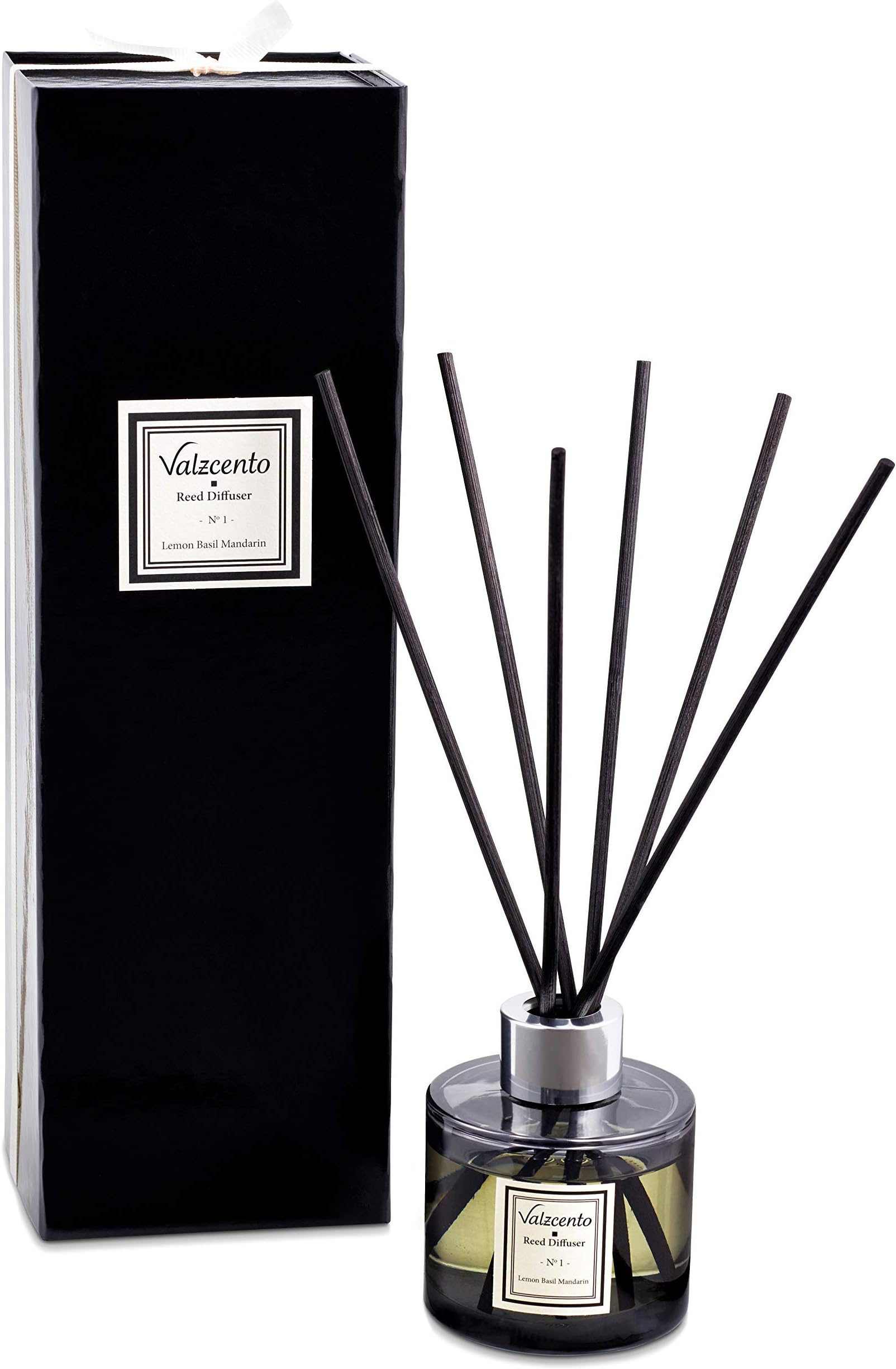 Reed Diffusers, Luxury Oil Diffuser (Lemon Basil And Mandarin) Black Rattan Reed Sticks. Long Lasting up to Three Months 100ml