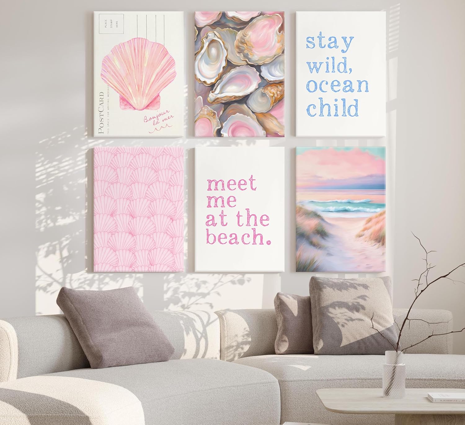 Pink Beach Preppy Canvas Wall art Coastal Granddaughter Aesthetic Room Painting Picture Wall Decor Shells Oyster Poster Print Artwork for Girls Room Girls Dorm Home Decoration