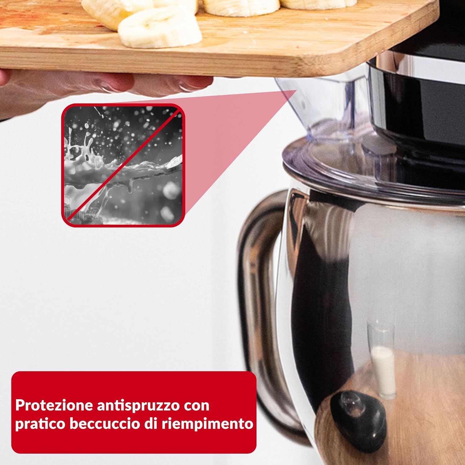 Close-up of the mixer attachments: dough hook, beater, and whisk