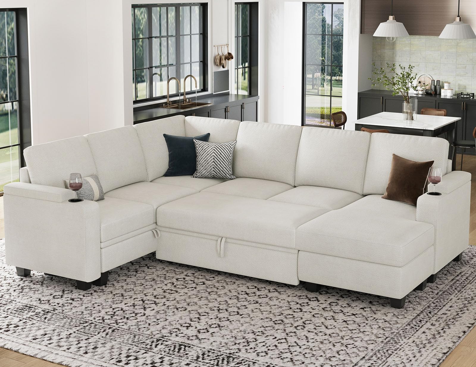 Belffin Sleeper Sofa Modular Sectional Pull Out Couch Bed U Shaped Sofa Couch for Living Room with Storage Chaise. White