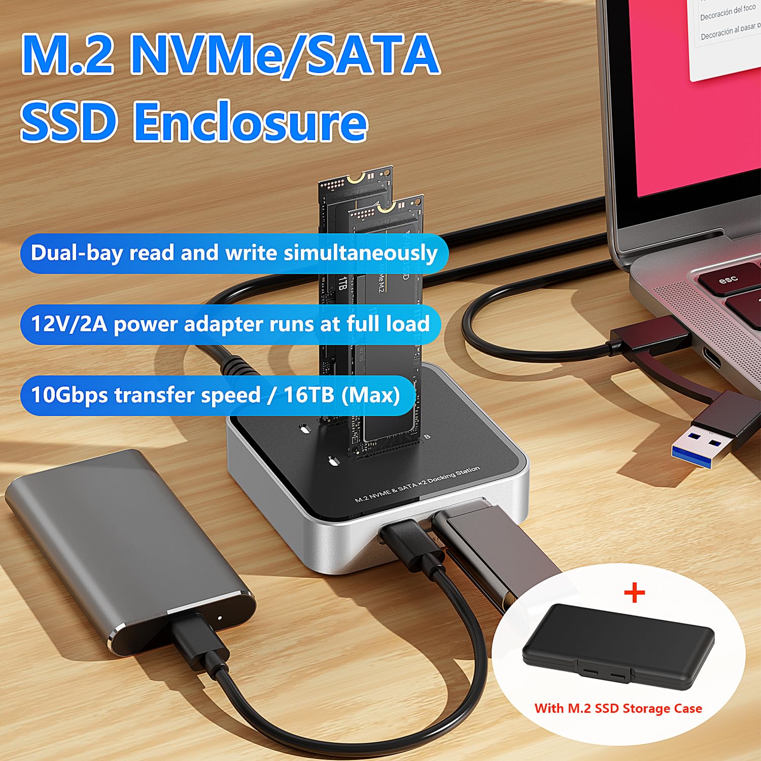 Carcasa SSD M.2 NVME SATA de doble bahía, USB 3.2 10Gbps HUB PCIE NVMe, hasta 16 TB, Plug and Play, con funda de almacenamiento SSD M.2