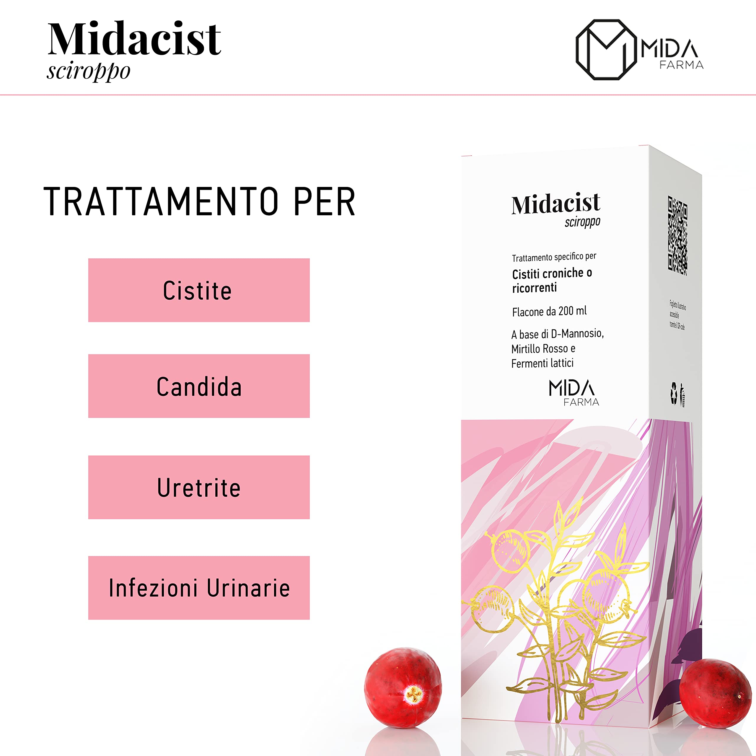 D Mannosio 2000 mg e Mirtillo Rosso | Per Cistite, Candida, Infezioni Urinarie | Con Fermenti Lattici | Sciroppo da 200ml