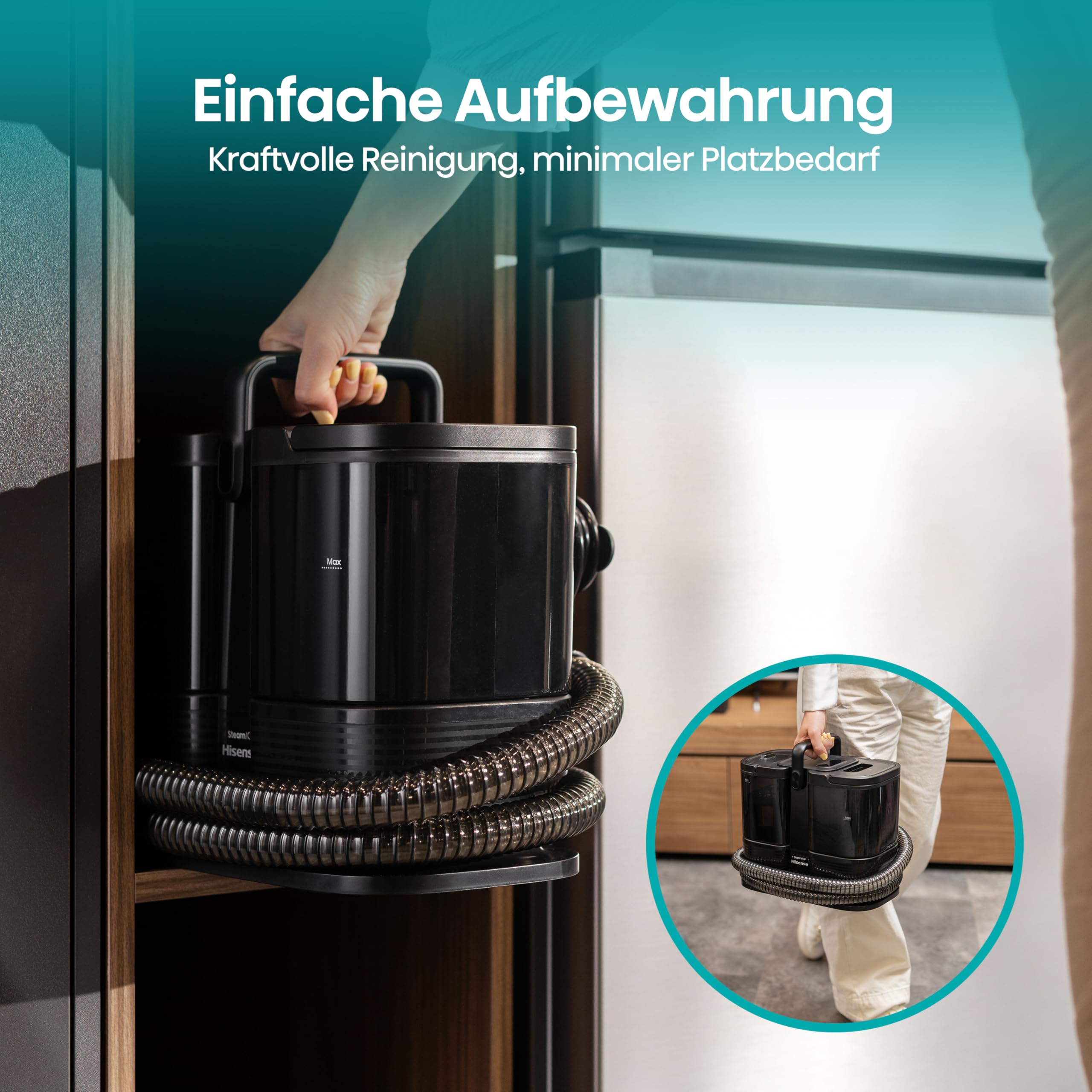 Hisense HSSC007A Dampfreiniger/ 1,8 L Wassertank/ 1500 W/ 2 in 1 Flecken- und Dampfreiniger/ 4 Reinigungsmodi/Kompakt/Selbstreinigungsfunktion/Fugenbürste, Detaildüse, Schaber und Universalbürste