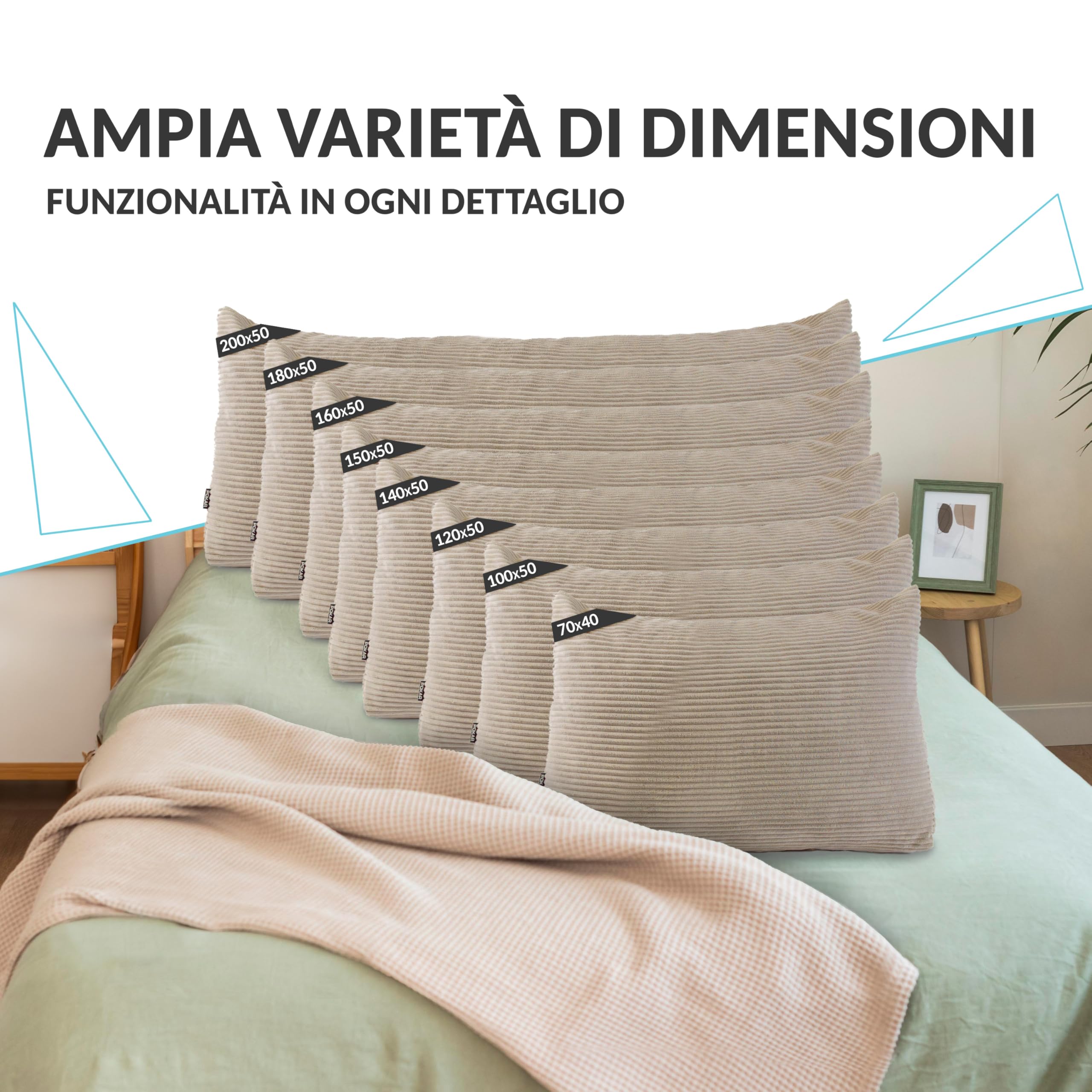 POKAR Cuscino da Lettura 150x50x20 cm | Cuscino Schienale Divano in Velluto Corduroy con Appoggio Schiena Grande | Cuscino Triangolare Cuneo Testata Letto | Certificato Oeko Tex 100 | Beige