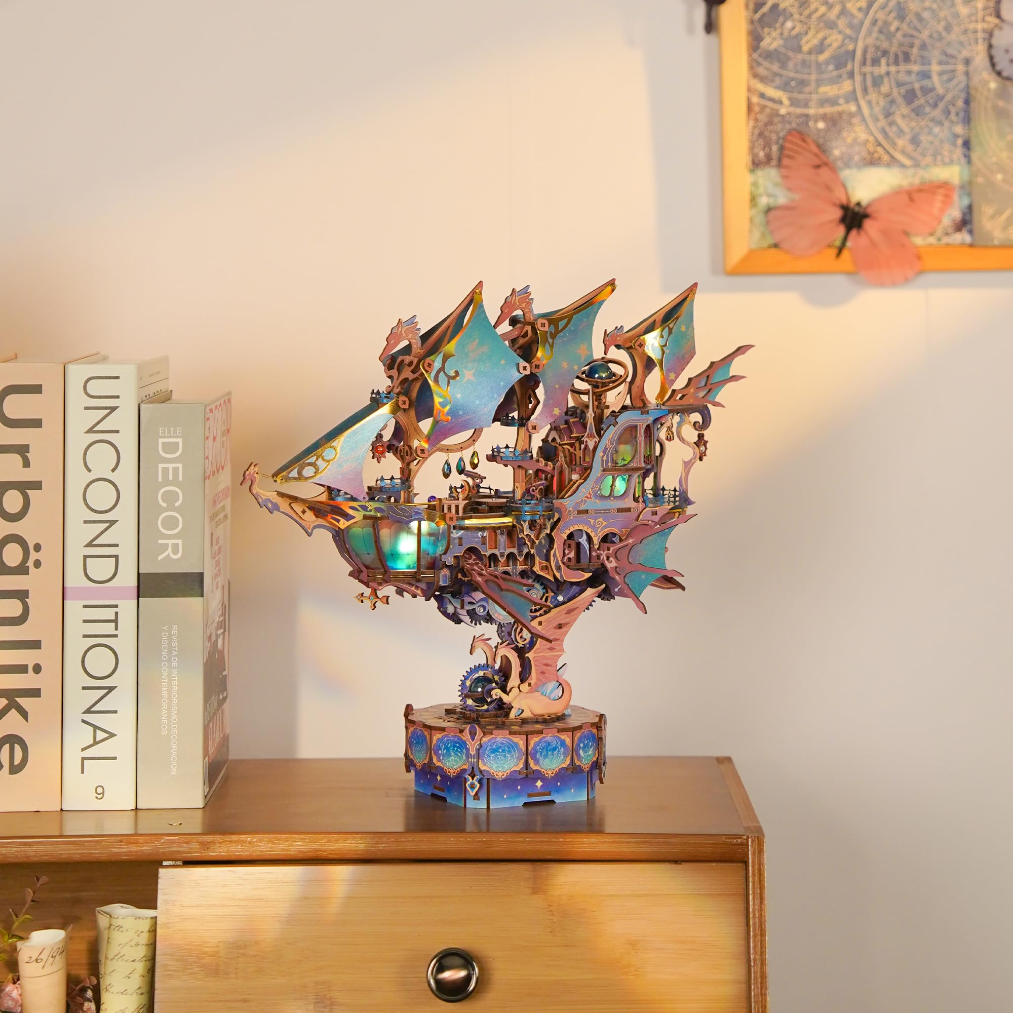 Tonecheer 3D-Holzpuzzle für Erwachsene DIY-Holzschiffsmodellbausatz mit Musik Fantasie-Luftschiff und beweglichen Bauteilen sowie Übertragungsstruktur als perfekte Geschenkidee(Magische Galaxie)