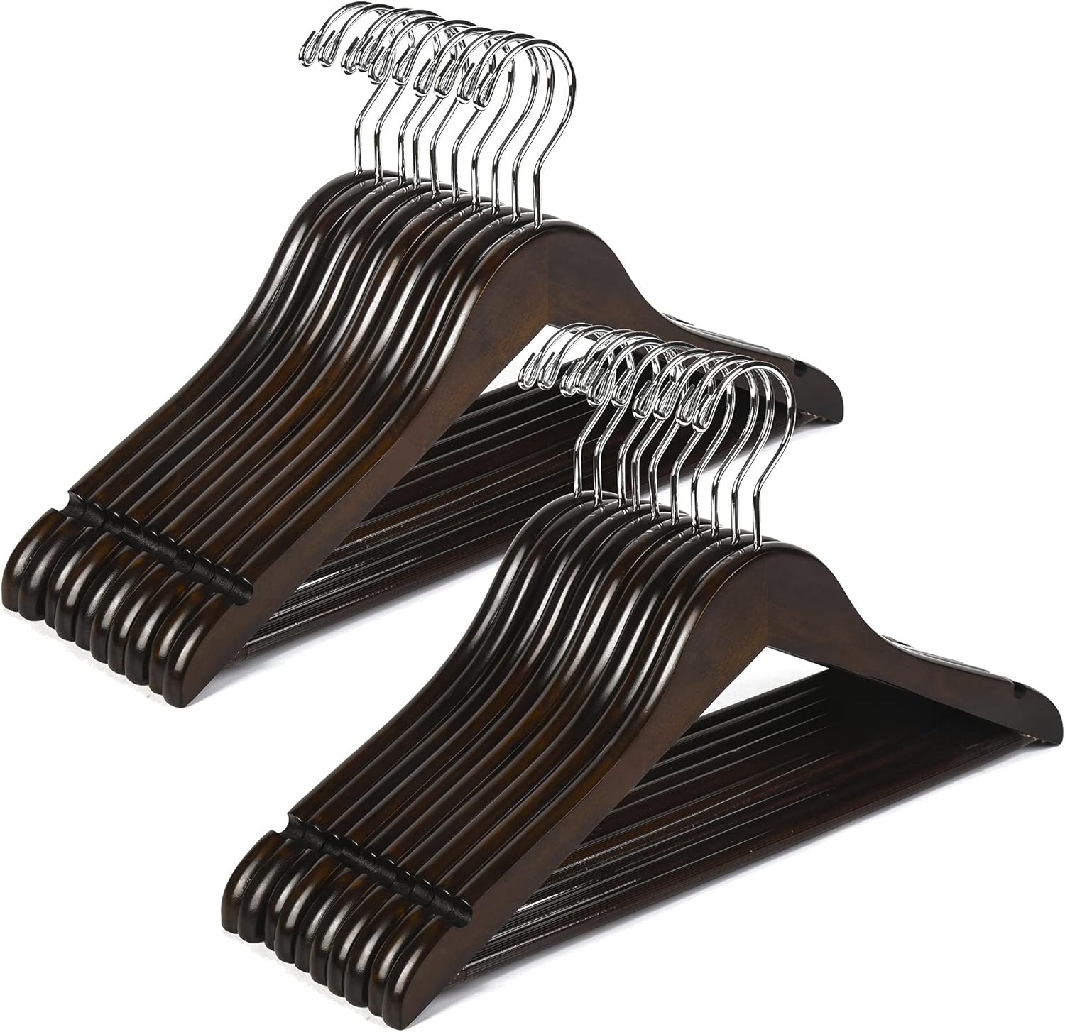 Amber Home 20 Pack 15" Walnut Wooden Clothes Hangers for Women, Teenagers - Solid Wood Dress Coat Hangers With Non-Slip Pants Bar
