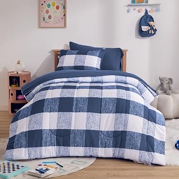 SLEEP ZONE Kids Comforter Set Twin Size, Jersey Knit 5 Pieces Bedding, Super Soft and Breathable Comforter with Sheets, Pillowcases Blue Grid