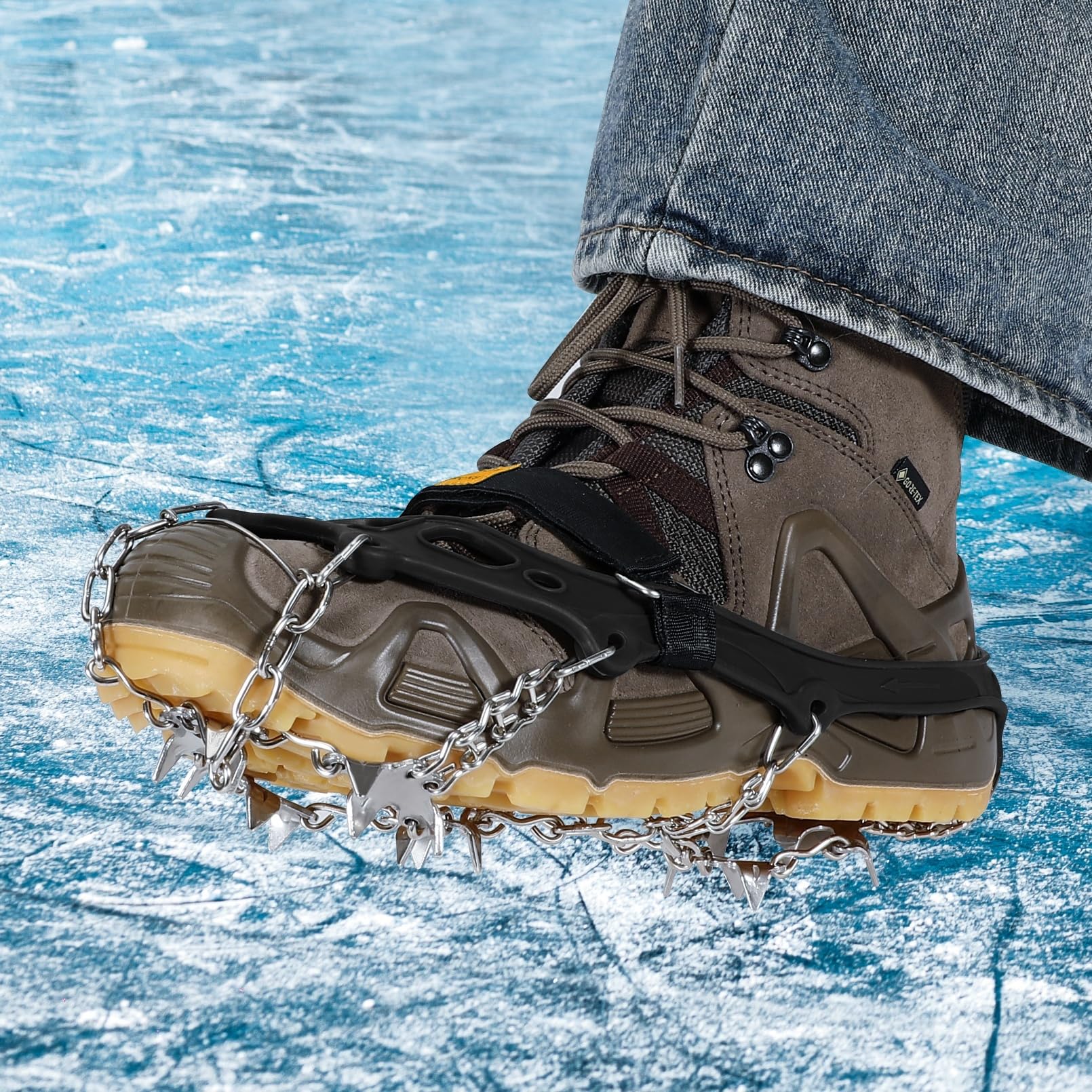 Steigeisen,Eiskrallen für Schuhe und Stiefel,Schneekrallen mit 19 Edelstahl Spikes für Winterwanderungen, Angeln und Spaziergänge im Freien