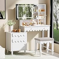 Anbuy White Scalloped Vanity Desk with 3-Color LED Sliding Mirror, Drawers, Storage & Cushioned Stool - Bedroom Makeup Table