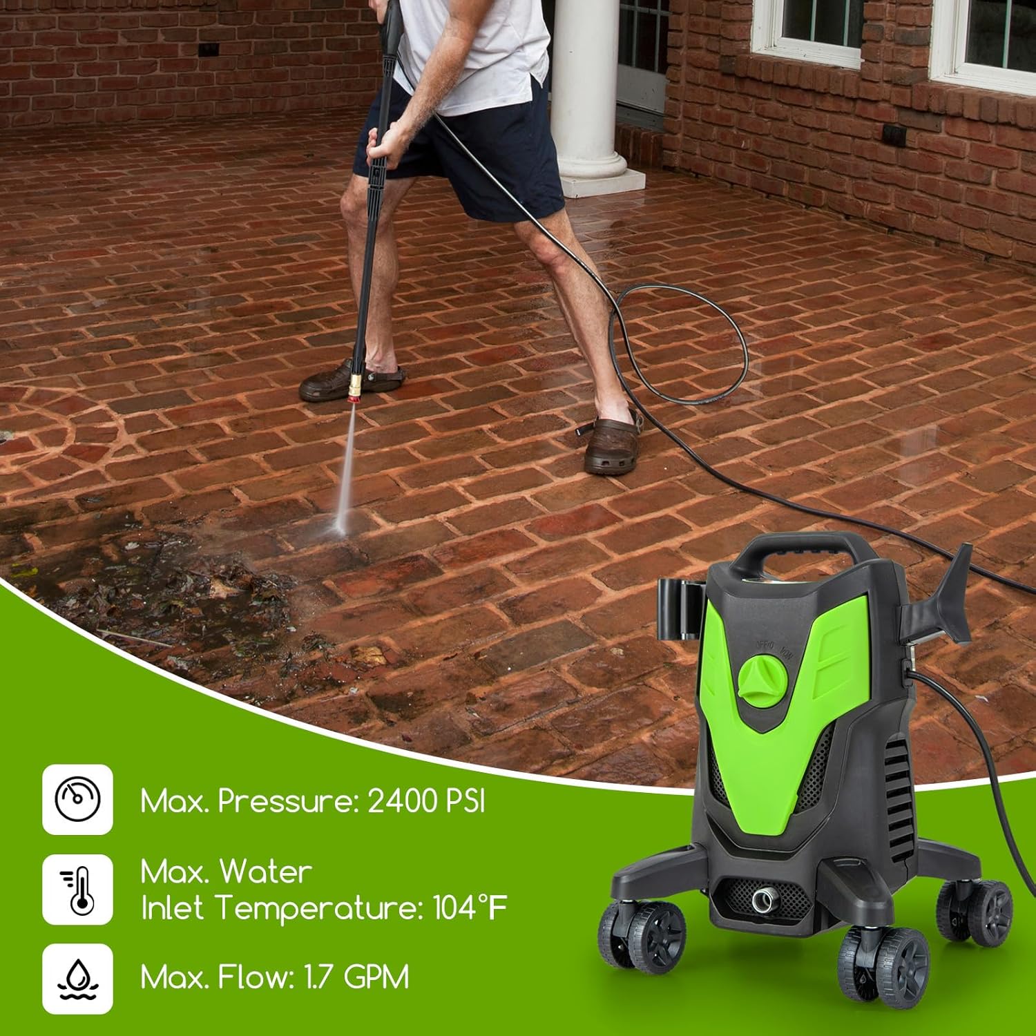 Goplus Electric Pressure Washer, 2400 PSI 1.7 GPM High Pressure Power Washer w/4 Quick Nozzles & Universal Wheels, Portable Pressure Washer IPX5 Car Wash Machine, Cleaning Garden Car Floor (Green)