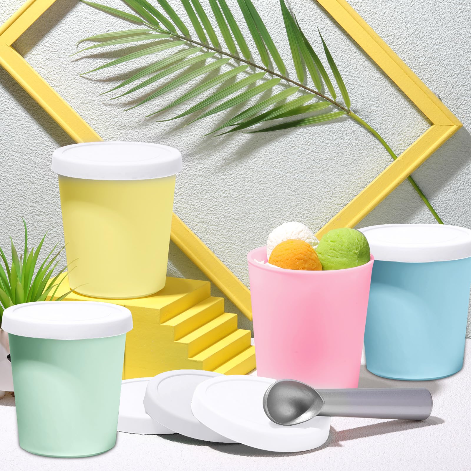 Nuenen 5 Pack Ice Cream Containers 1Qt Freezer Storage Tubs with Silicone Lids and Spoon for Homemade Ice Cream Reusable Sorbet Dishwasher Safe (Macaron Color) - Image 2