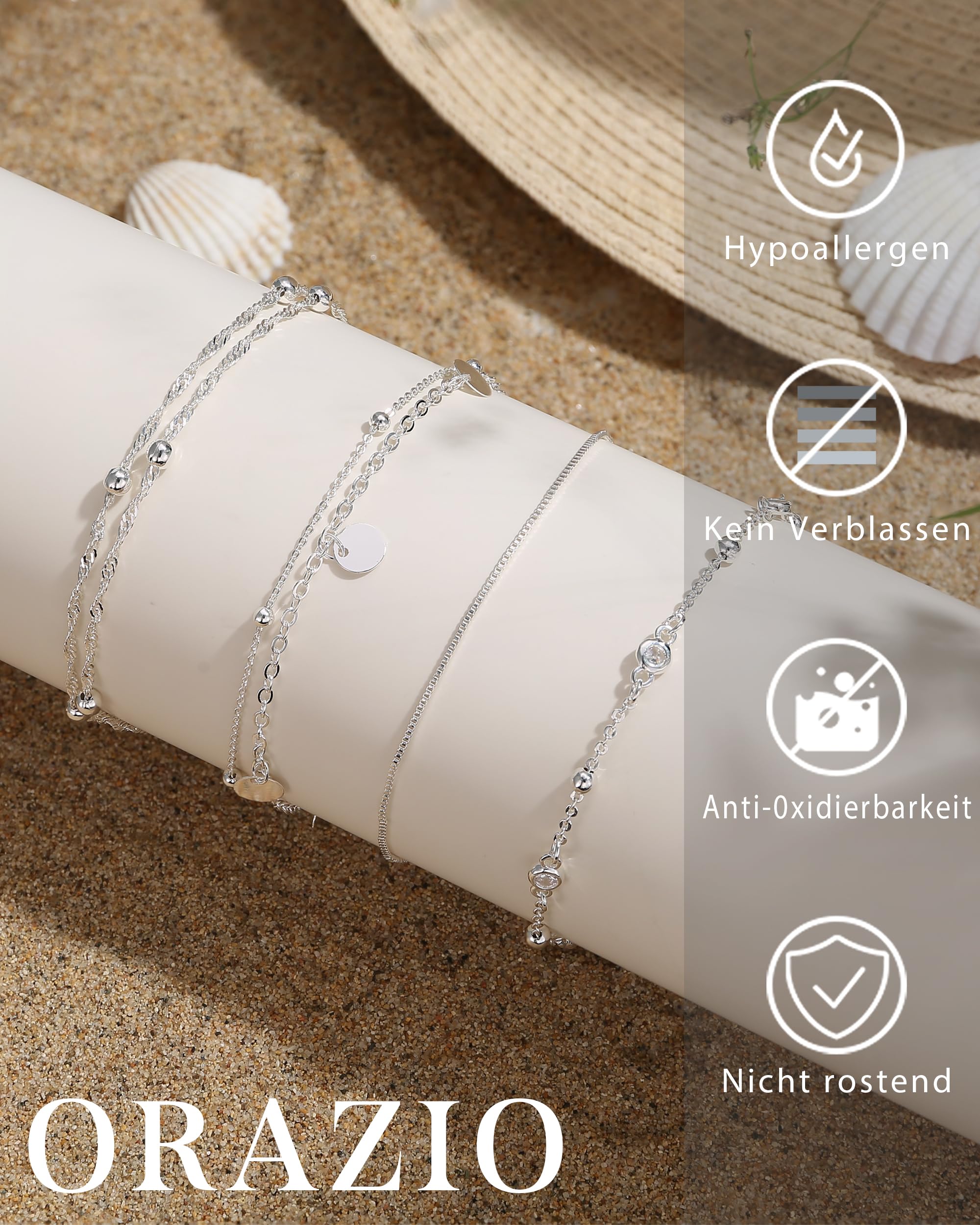ORAZIO 925 Sterling Silver Ankle Bransoletka Wielowarstwowa Bransoletka Na Kostkę Dla Kobiet Serce Okrągła Piłka Cyrkon Wiele Style Kostki Łańcuch Regulowany Lato Plaża Biżuteria