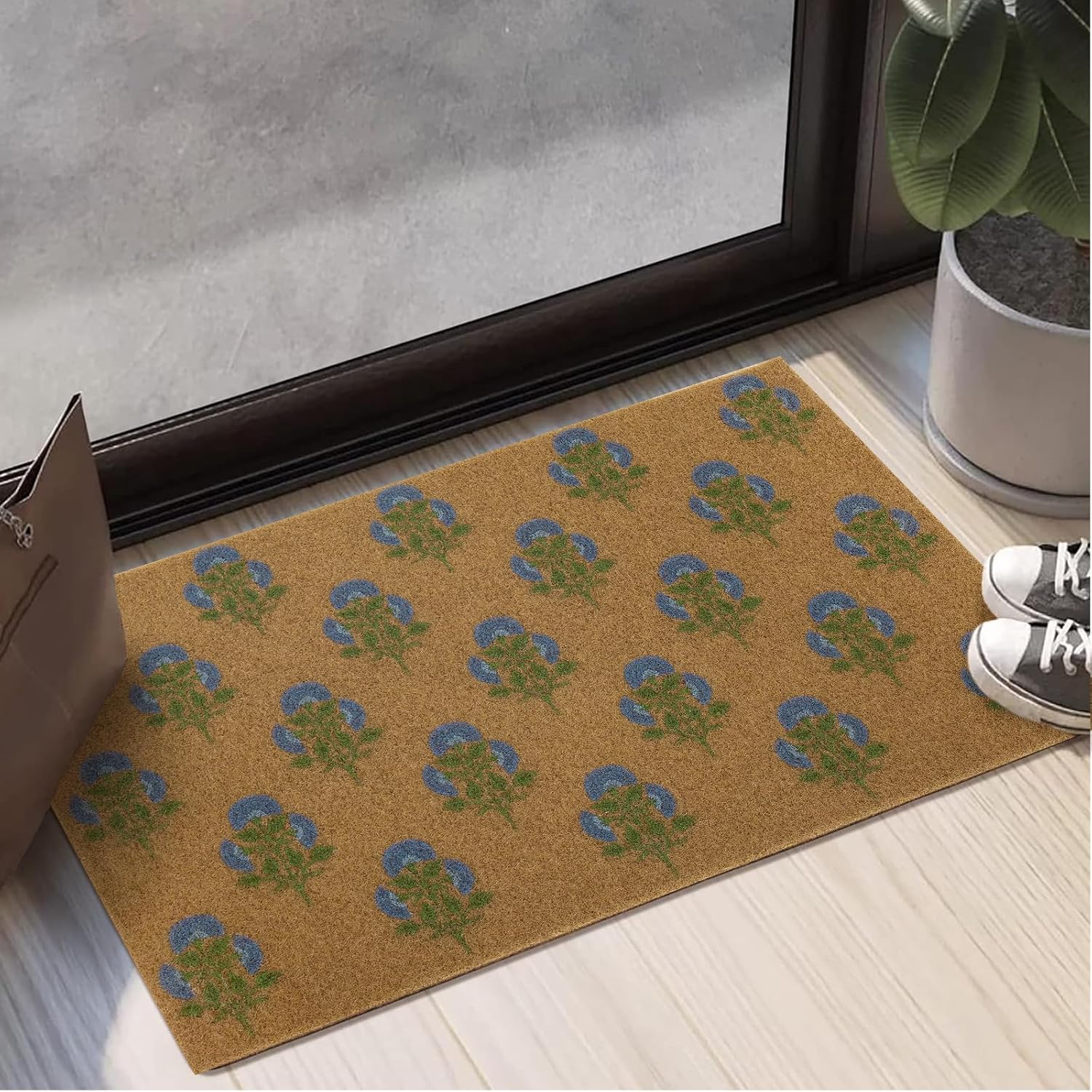 BBSET Artificial Coir Floral Welcome Door Mat Cute Blue Flower Outdoor Mat for Frontdoor Entrance 30"x 17" (Blue Floral)