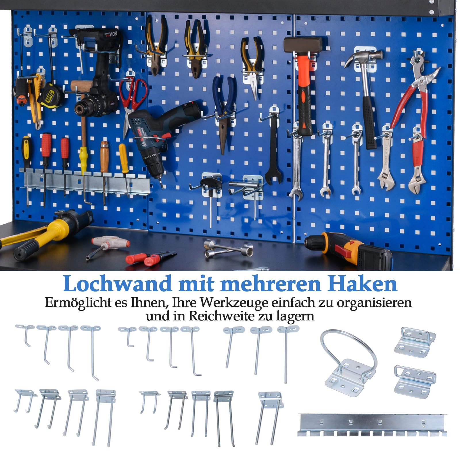 GYMAX Werkbank mit Lochwand, Arbeitstisch mit 24 Werkzeughaken, 2 Schubladen & offenen Regalen, Werkzeugbank bis zu 230 kg belastbar, robuste Werktisch für Garage, Werkstatt & Zuhause (Blau)
