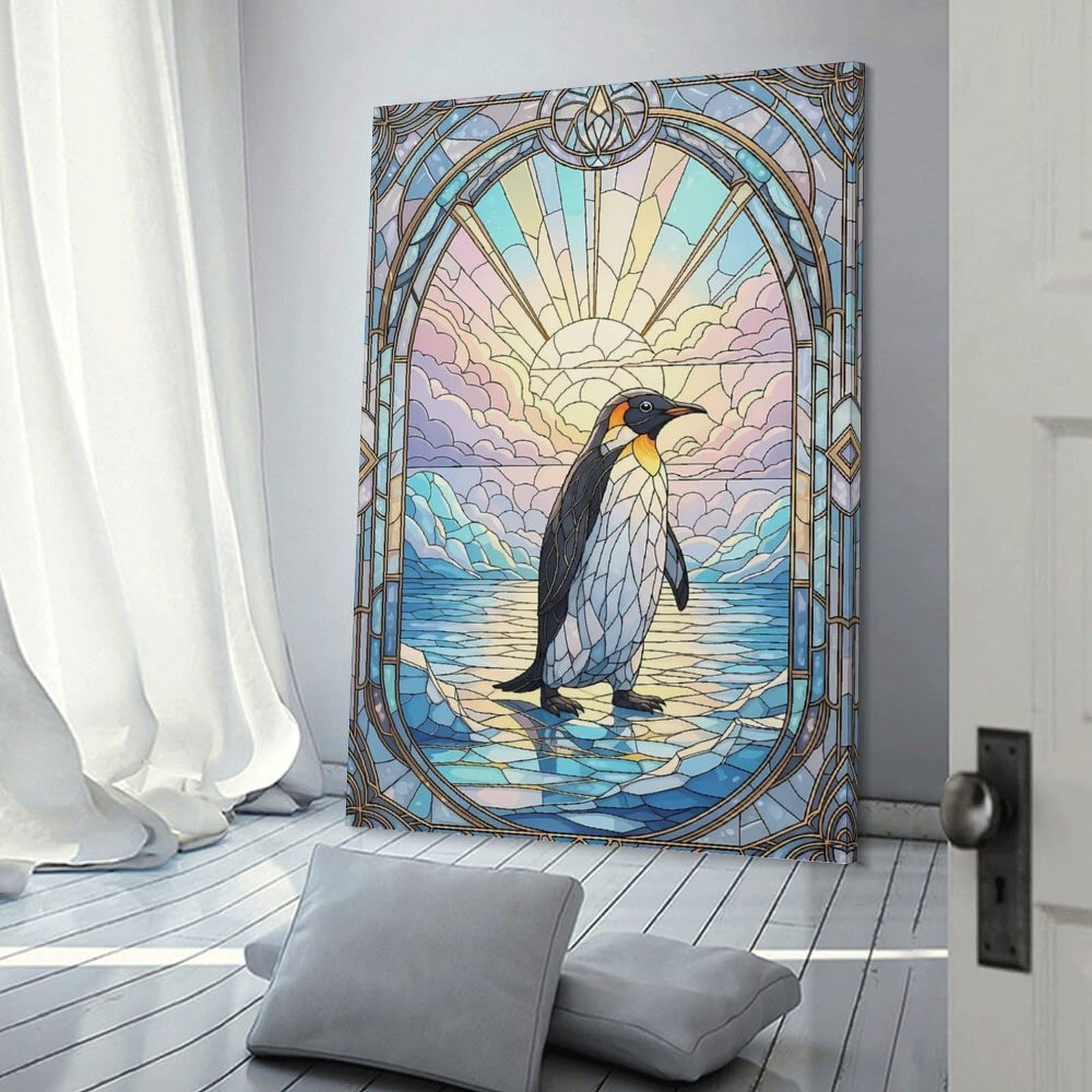 Junmoney Wall Decor Canvas Print Stained Glass Penguin, 24x36inch(60x90cm), for Sofa Walls, Lounge Or Home Corners, Modern Wall Decor for Cosy Interiors