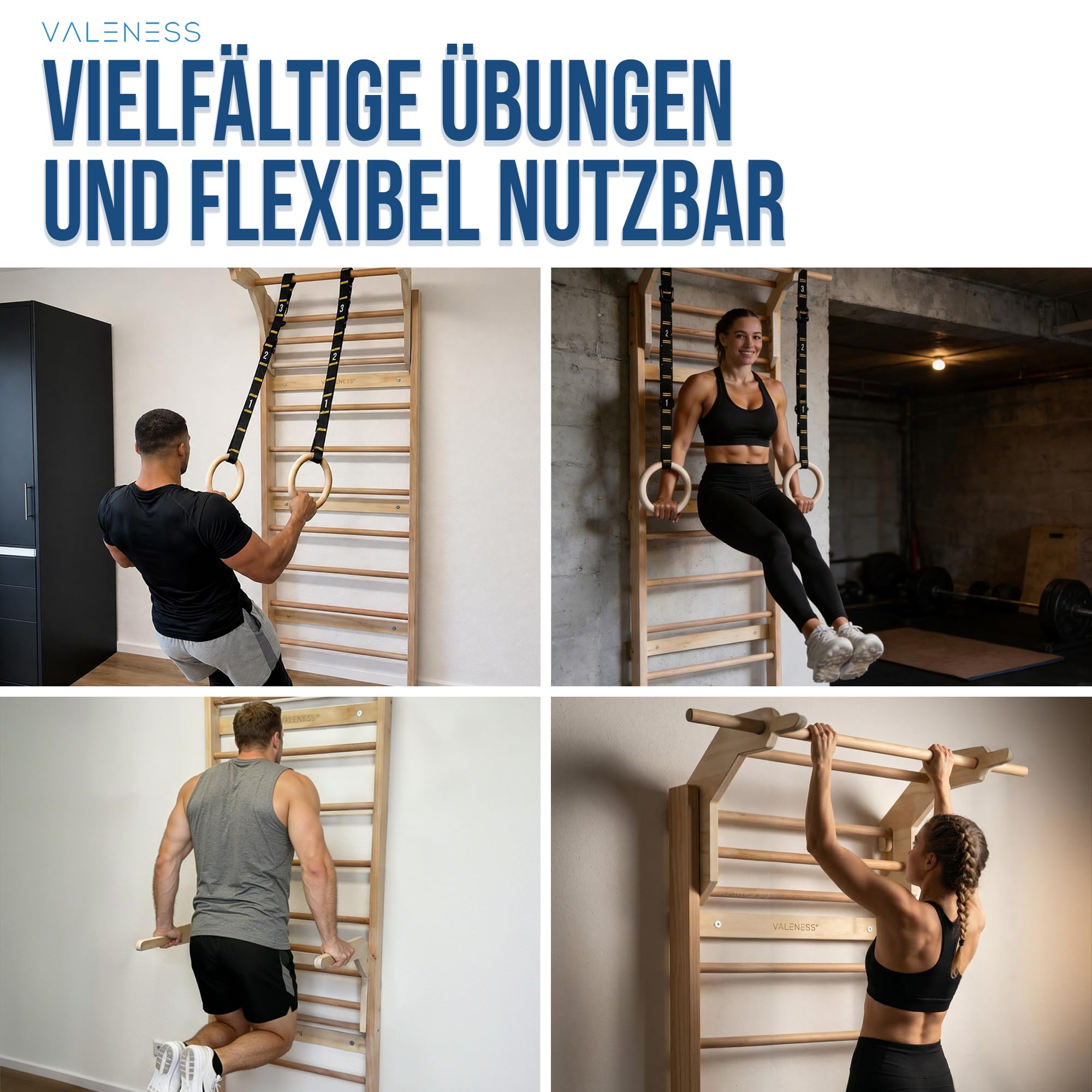VALENESS® NEU Sprossenwand aus Holz mit Klimmzugstange, Dip-Station & 2 Turnringen – höhenverstellbar, für Erwachsene & Kinder – Kletterwand Indoor fürs Kinderzimmer & Home Gym, bis 150 kg