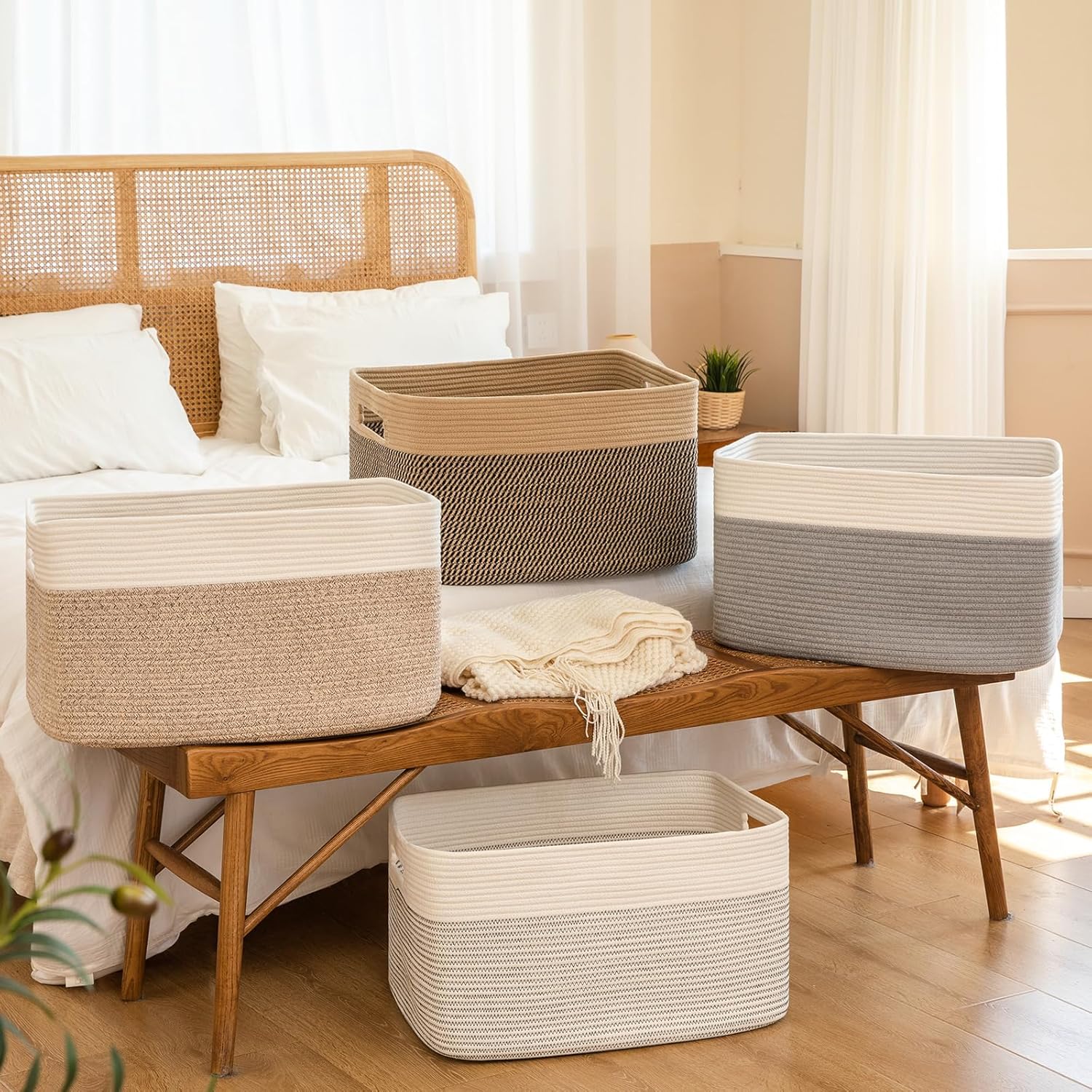 75L Large Blanket Basket, Cotton Rope Woven Storage Basket for Living Room, Toy Bin for Kids, Bedroom, Nursery, Baby Room Decorative Organizer, 22''×17''×12'', Black & White