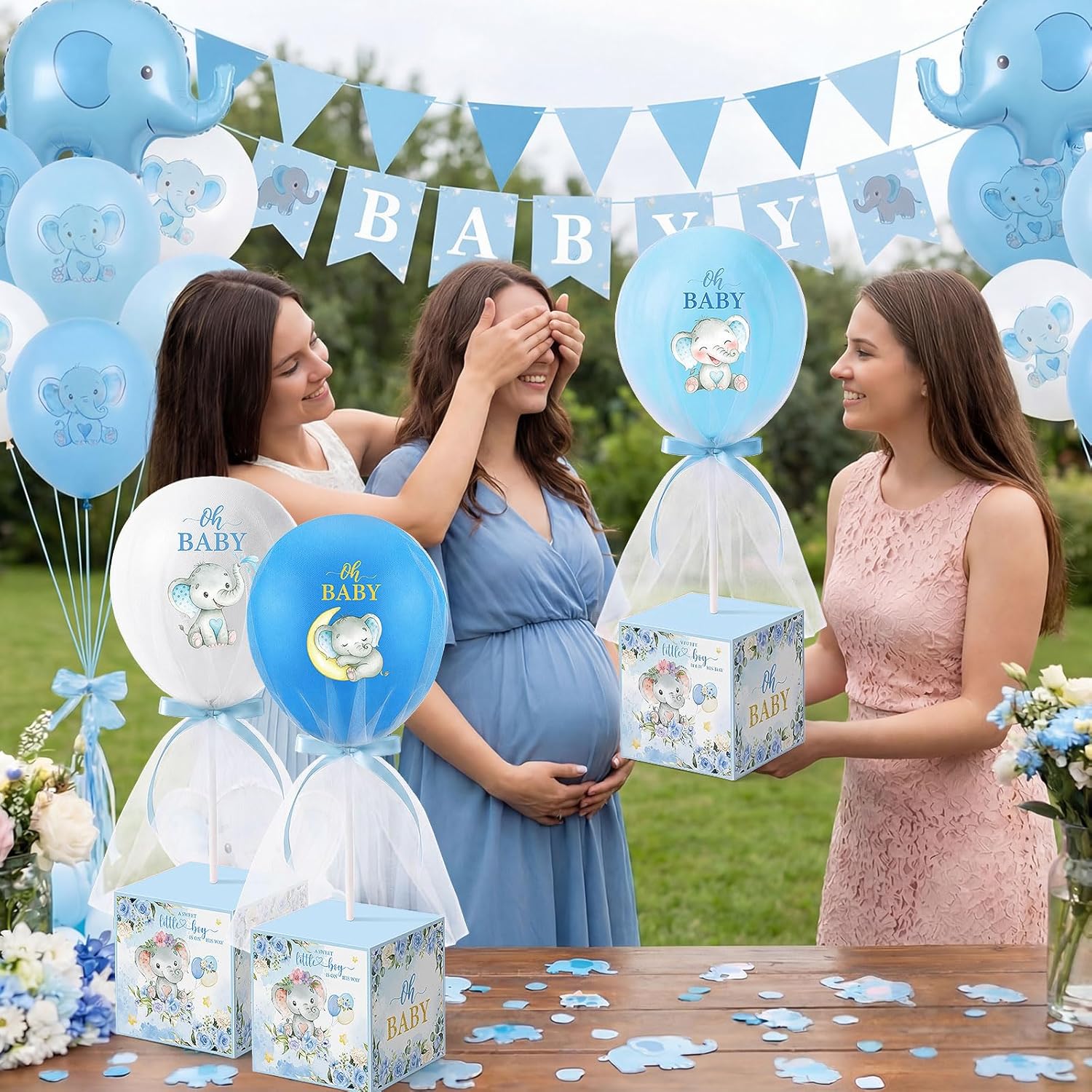 6 Set Elephant Tulle Tutu Balloon with Letter Boxes Baby Shower Table Centerpieces Decor for Gender Reveal Balloons Tulle Cover with Stand Elephant Themed Baby Shower Birthday Party(Blue)
