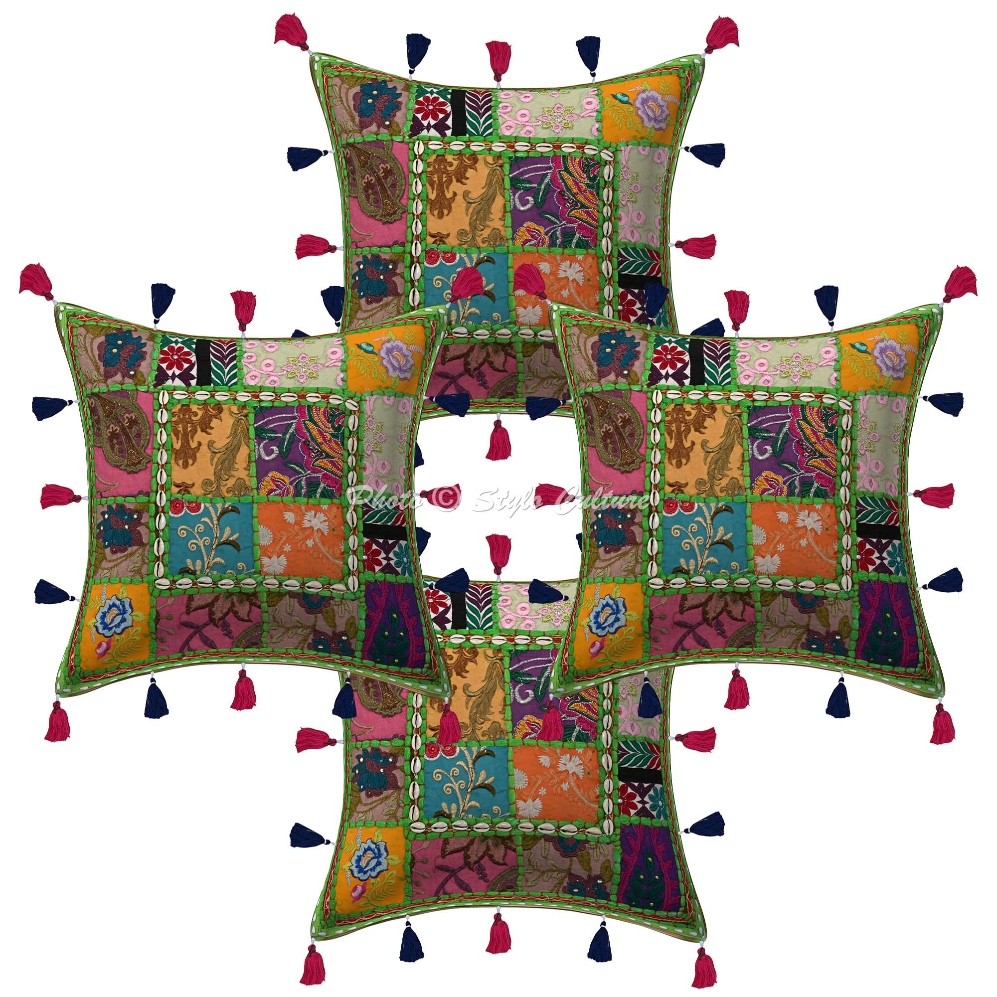 Bohemien Dekorativ Baumwolle Sofa Kissenbezüge 40x40 cm Papagei Grün Dekokissen Gesticktes Patchwork Wohnzimmer Couch Kissenhullen Blumen Quadrat Kissen Bezüge - 4 STK.