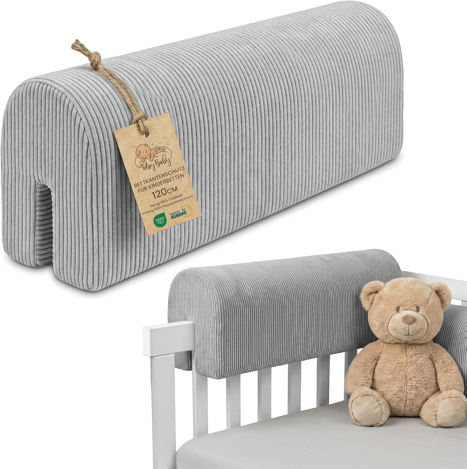 Bettkantenschutz für Kinderbetten Cordstoff 120 cm - Schutz für Bettrahmen Baby Bett rausfallschutz für boxspringbett bettgitter mit Cordstoff Bezug Kantenschutz Kinder Babybett Hellgrau