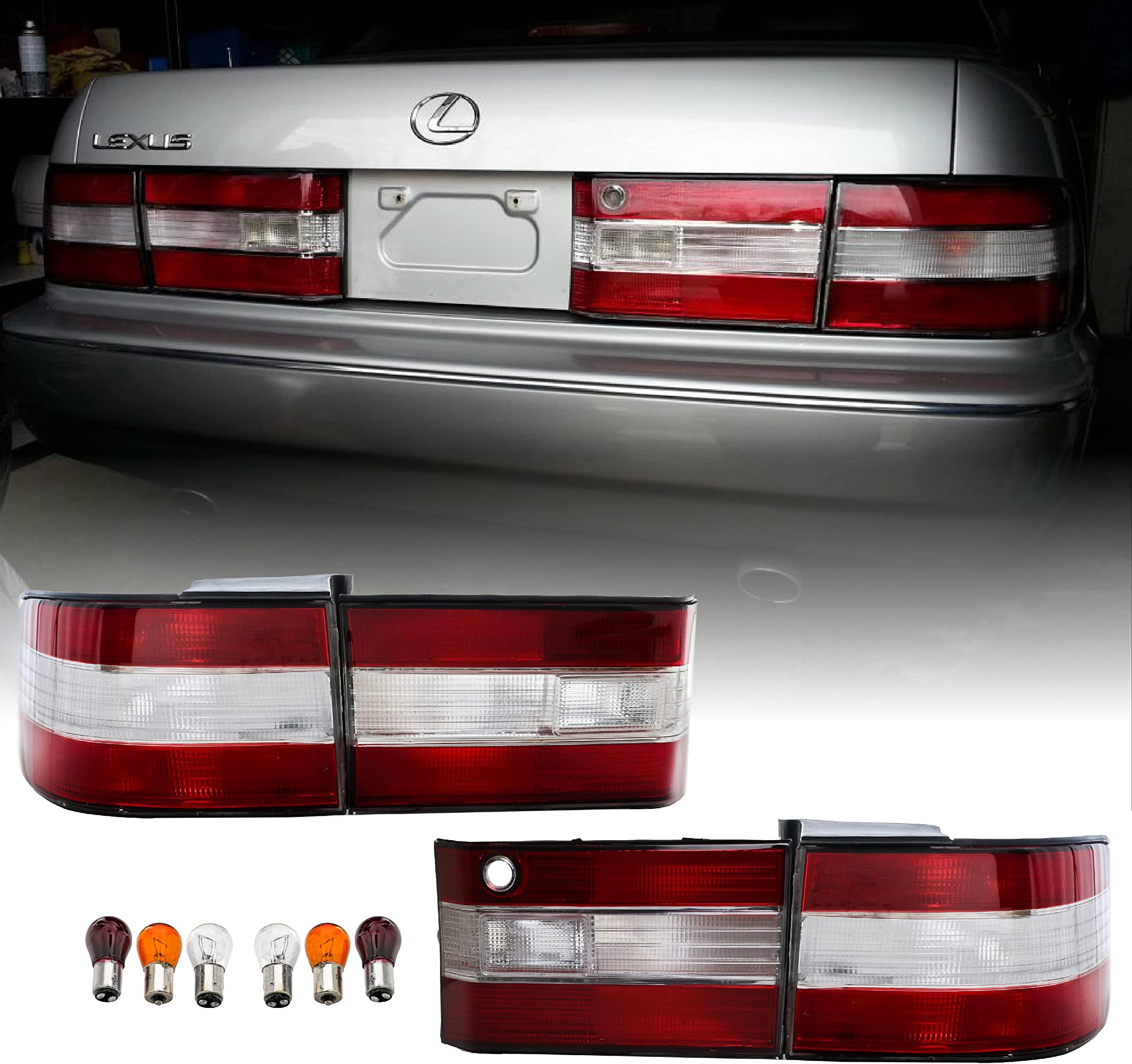 USR 90-94 LS400 Tail Lights - JDM Style Red/Clear Lens Rear Tail Lamps Set (Inner + Outer, Left + Right, 4 Pieces) Compatible with 1990-1994 Lexus LS400 US Spec Onl
