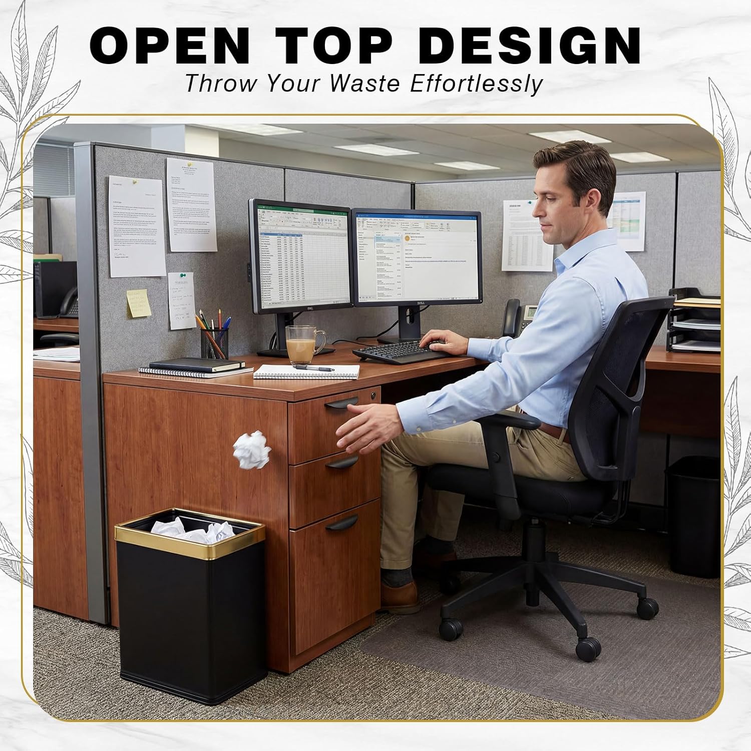 Maxdot 2 Pcs Black and Gold Trash Can 2.6 Gallon/10 L and Toilet Brush Set, Slim Stainless Steel Wastebasket Bin Garbage Trash Can and Toilet Cleaner Brush for Bathroom Bedroom Office, Dorm