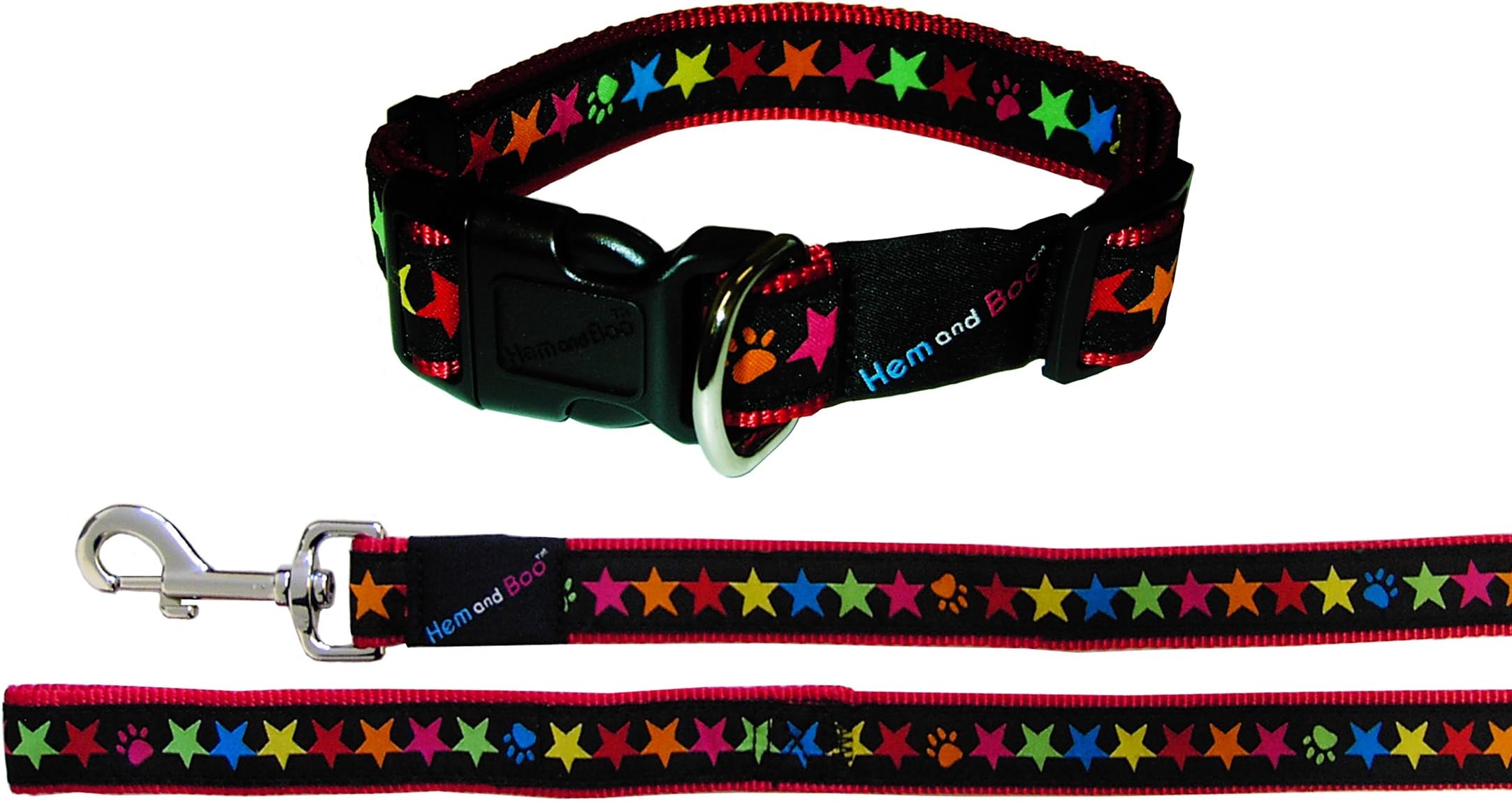 Hem and BooStars Black on Red Dog Collar and Lead 1" x 18-24"/2.5 x 45-60cm, 48"/120cm