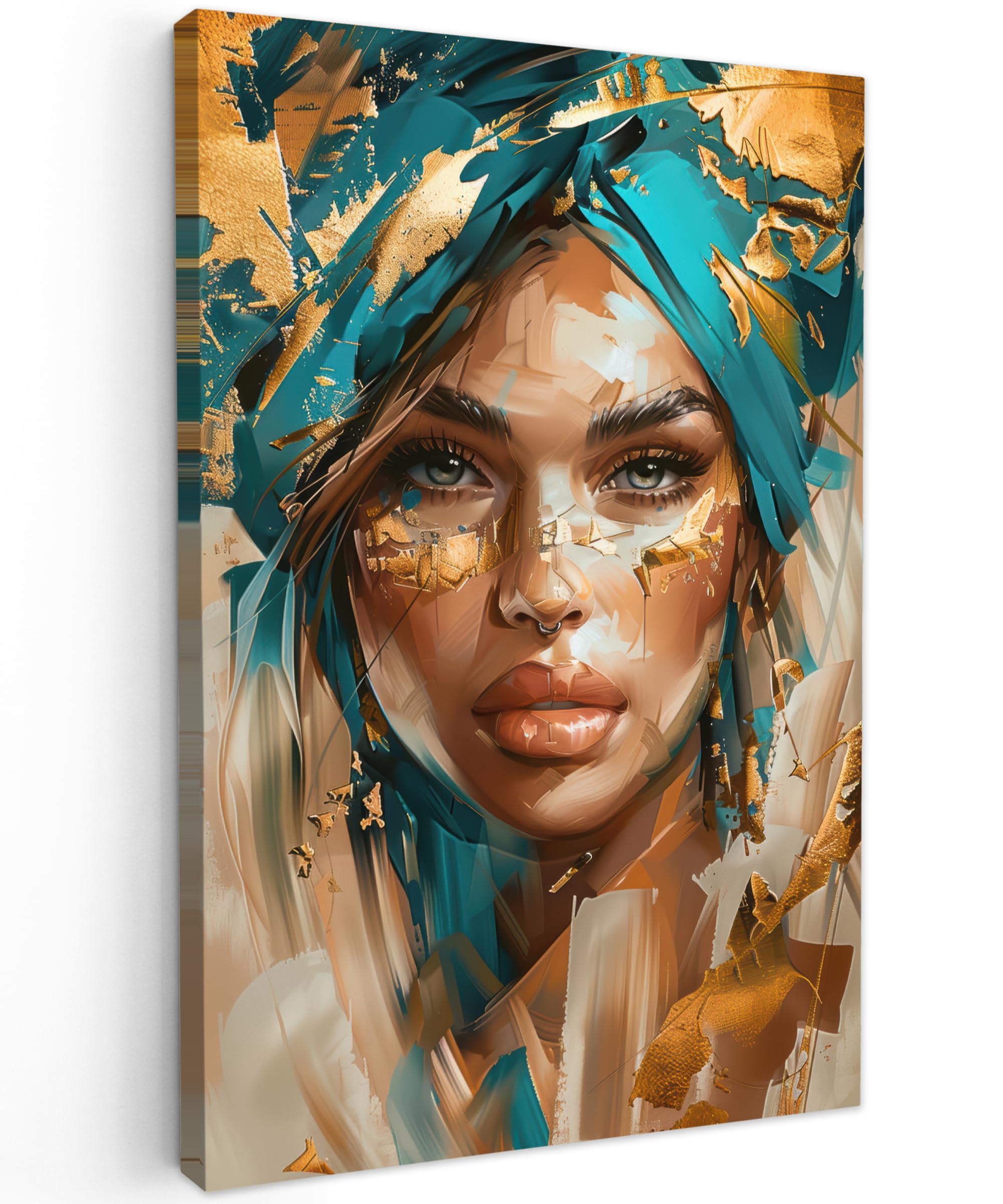 MuchoWow© Canvas Wall Art 16"x24" / 40x60 cm Decor Hanging Pictures for Living Room Canvus Artwork Deco Walls Woman - Portrait - Gold - Luxury - Blue