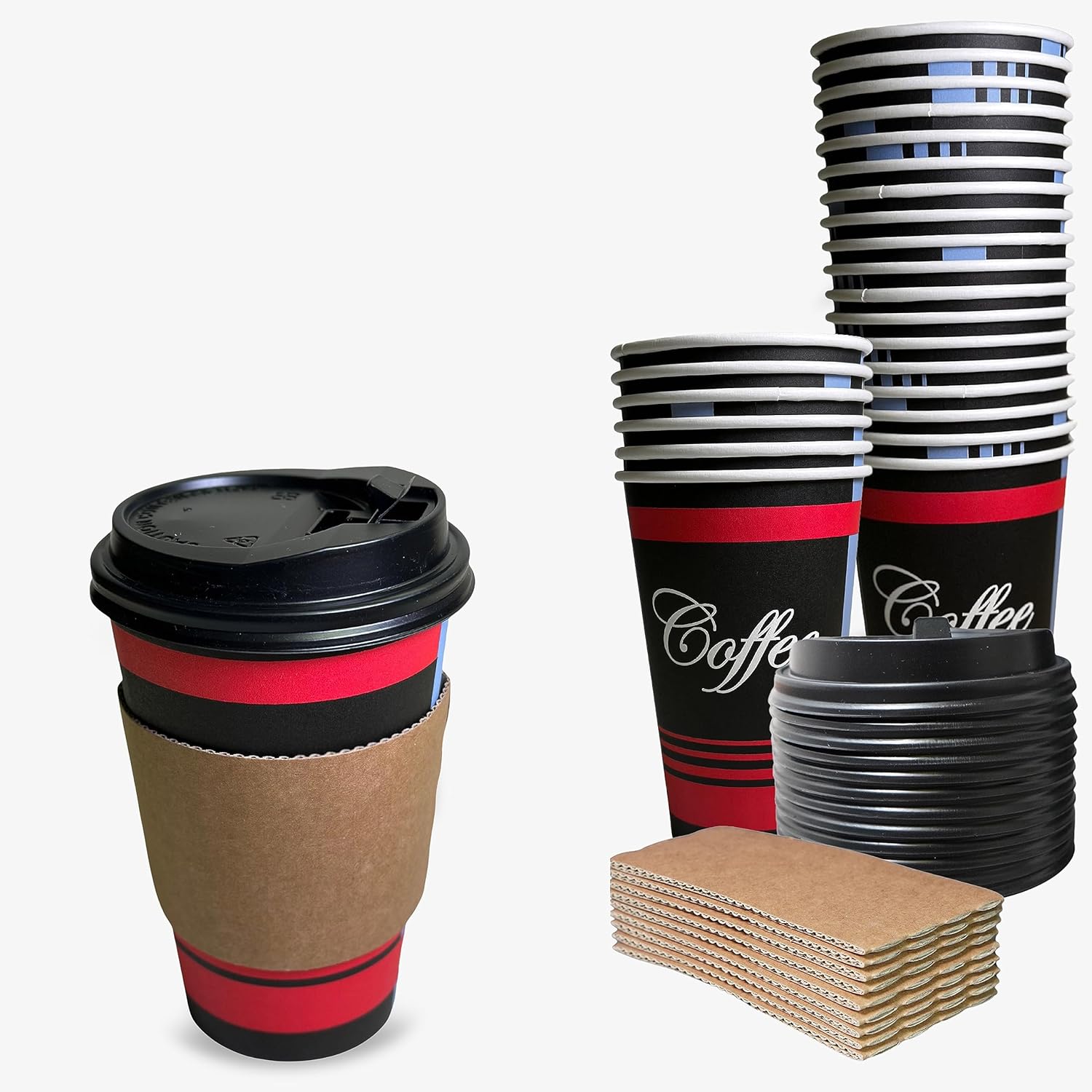 EcoQuality COMBO Set of 20oz - Paper Coffee Hot Cups, Black Dome Lids, Sleeves & Stirrers - Disposable Coffee Cups, To Go Travel Mug, Office/Party Pack, Hot/Cold Coffee, Tea & Chocolate, Latte (25)