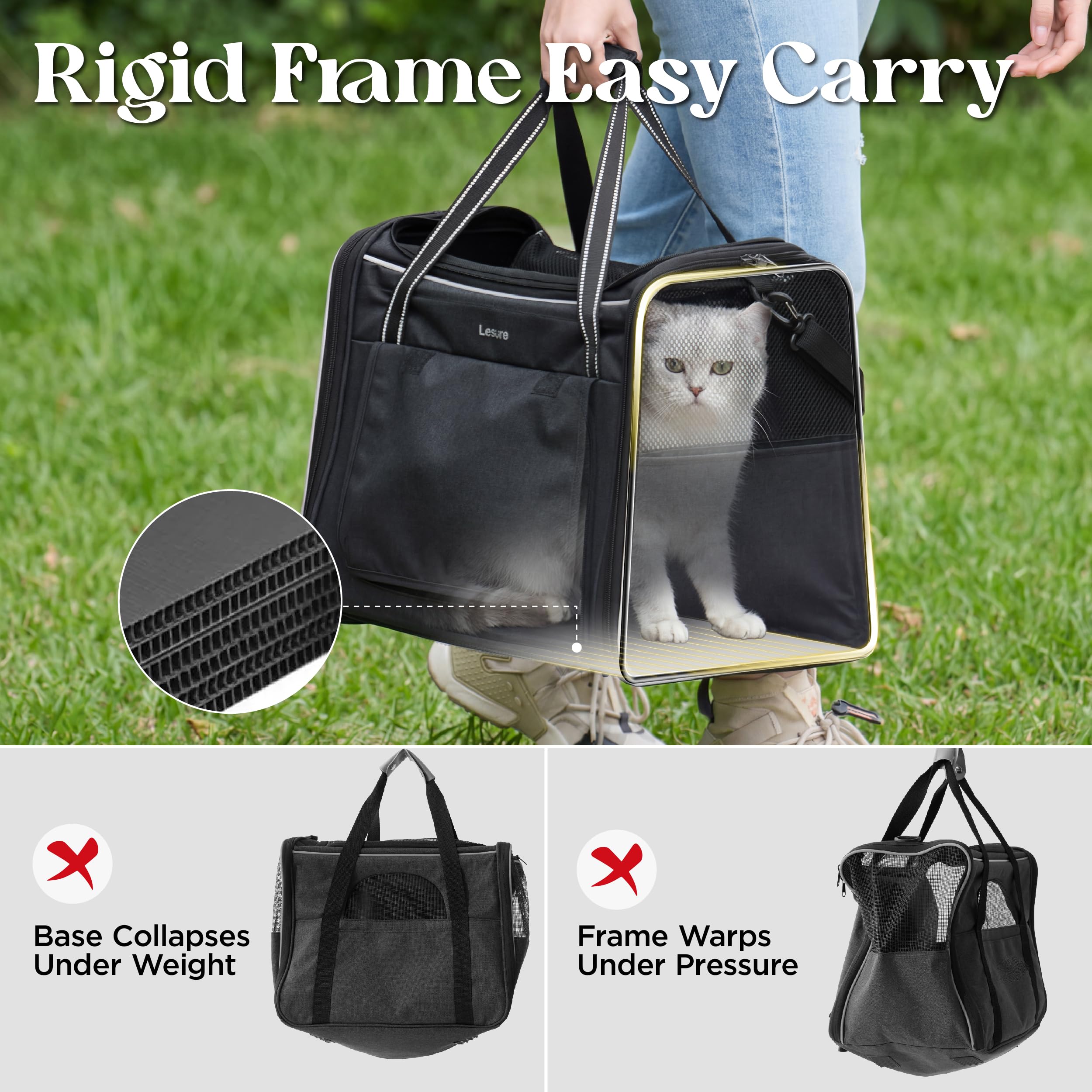 Lesure Trasportino pieghevole per gatti, 43,5x29,5x34 cm, Grigio chiaro | Borsa stabile con lati morbidi, rete traspirante, cintura auto, tracolla e tappetino rimovibile per gatti e gattini