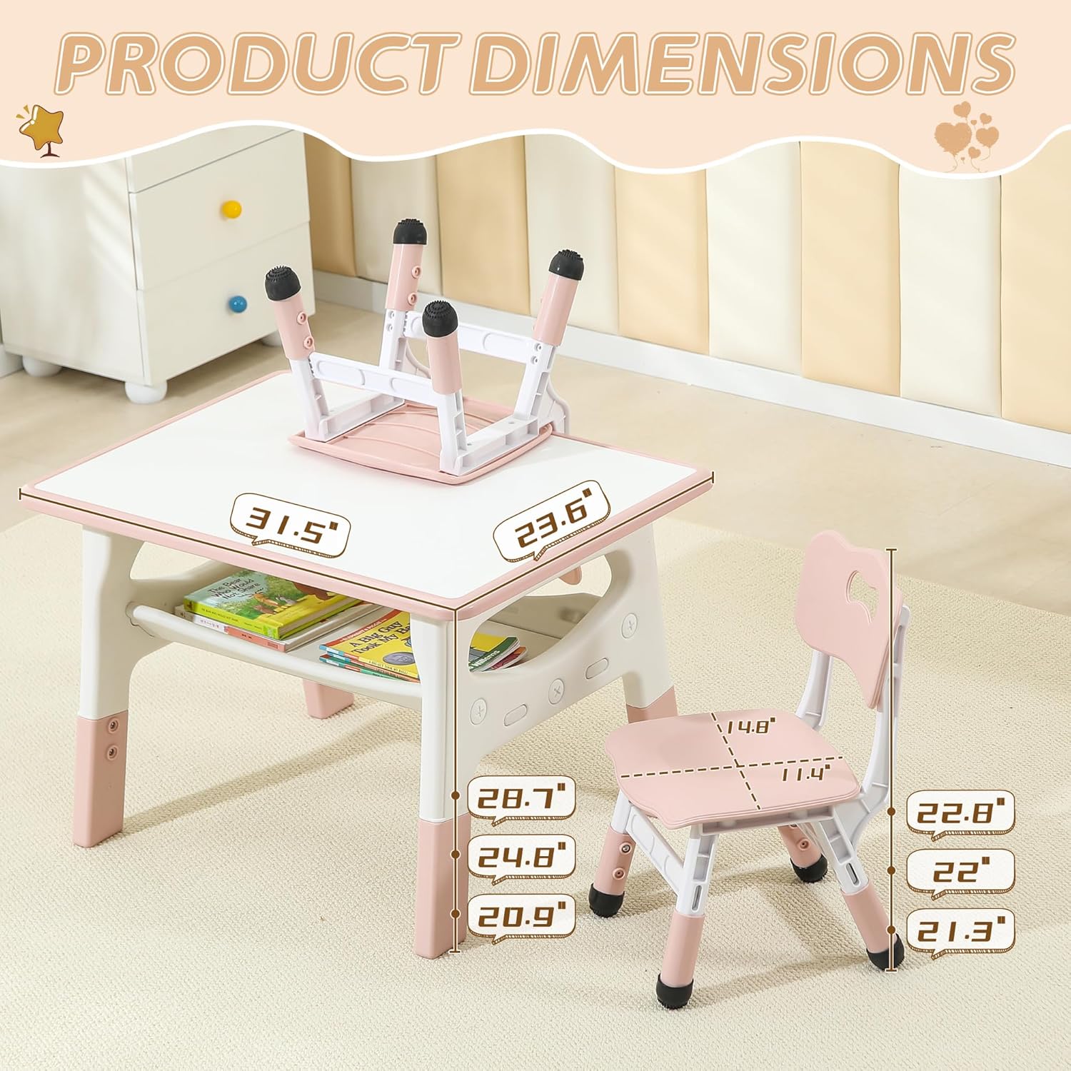 Kids Table and Chairs, Height Adjustable Toddler Table and 2 Chairs, Multi-Activity Kids Table with Graffiti Desktop, Built-in Storage, Ages 3-8