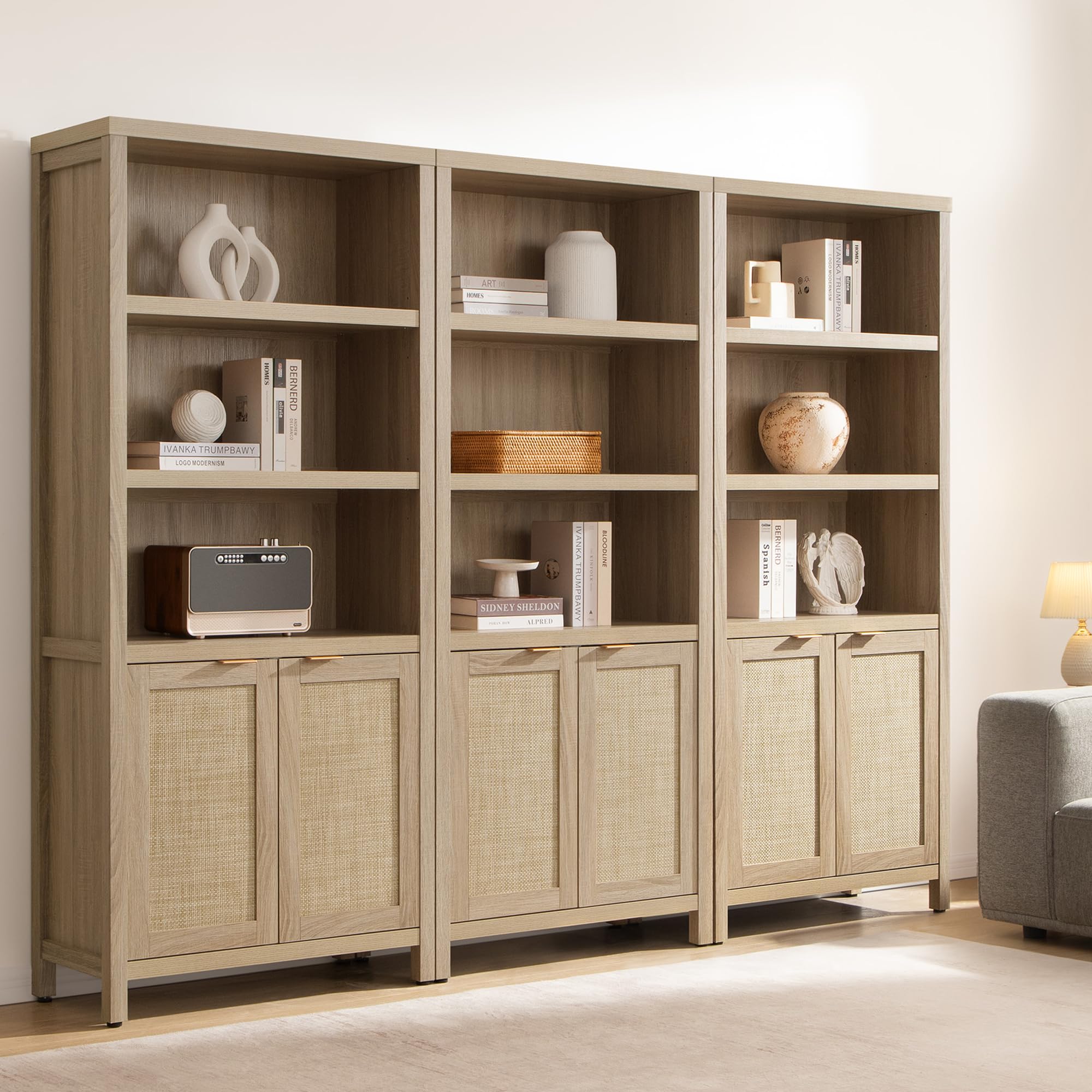 SICOTAS Bookcase 71" Tall Bookshelf 5 Tier Rattan Boho Bookcase with Doors Storage Large Book Case Shelf Farmhouse Bookshelves Library Book Shelves for Living Room Bedroom Home Office Kitchen