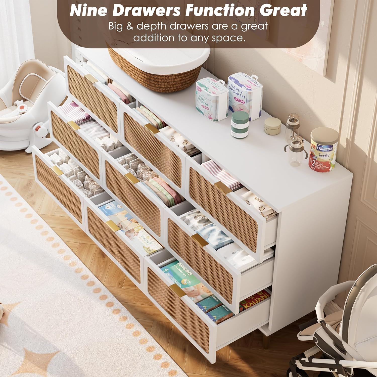 Garvee Rattan Dresser with 9 Drawers, Tall Modern Closet with Deep Storage, Large Chest of Drawers with Wide Top, Long Wooden Dresser for Bedroom, Living Room, Hallway, Kids Room, White