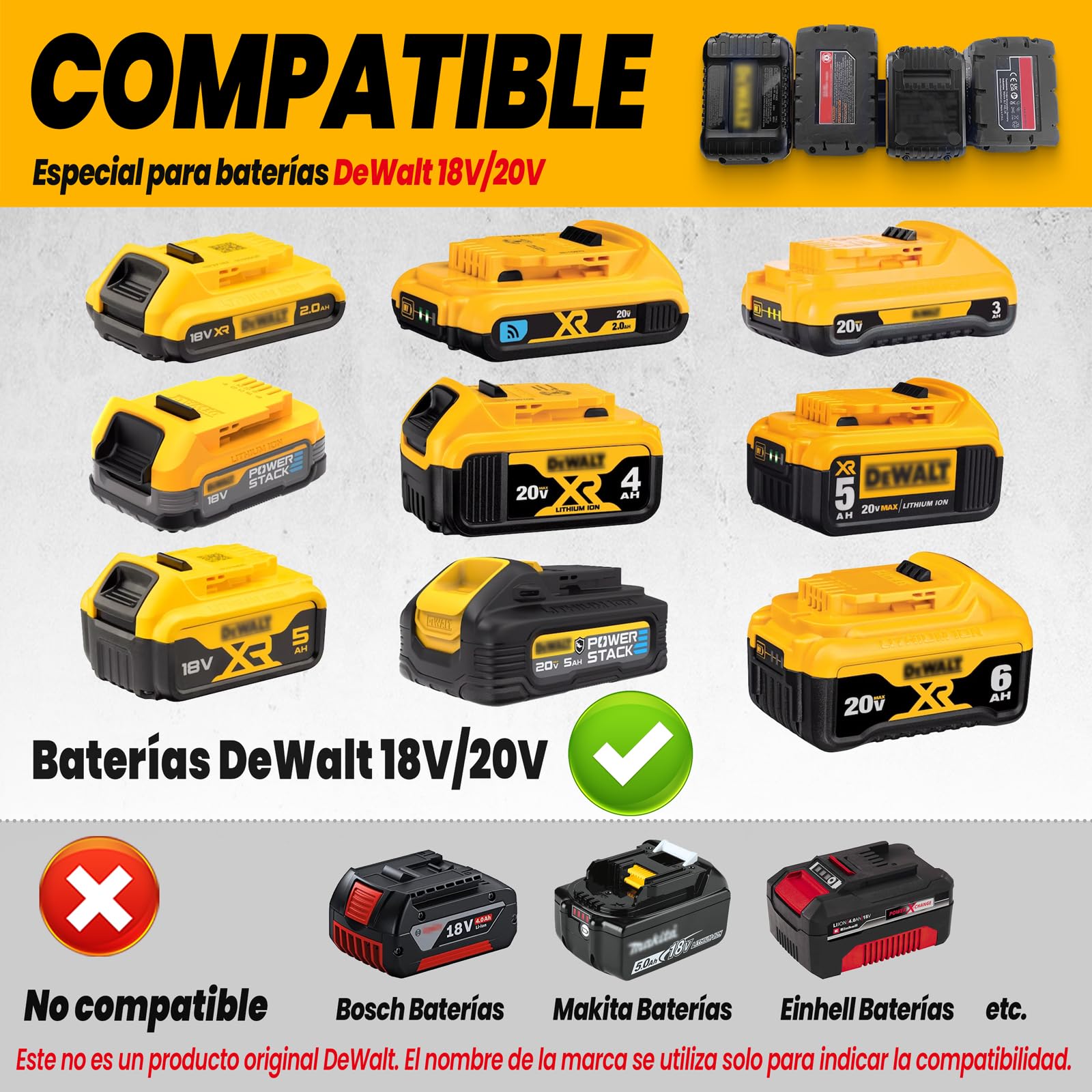 Soporte de Pared para 4 Bateras compatible con Dewalt 18V/20V, Soporte para Bateras de Acero para Bateras de Herramientas, Montaje en Paneles Perforados y Paredes