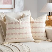 Fancy Homi Set of 2 Boho Pink Decorative Throw Pillow Cover 18x18 Inch for Couch Bed Sofa, Aesthetic Modern Organic Farmhouse Home Decor, Soft Cotton Accent Macrame Woven Cushion Case with Tassels