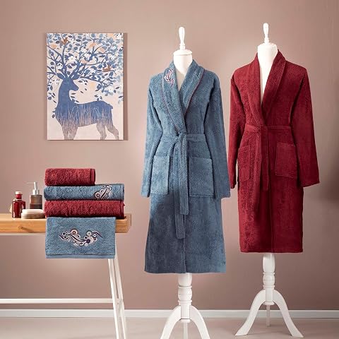 TAÇ Bambu Aile Seti Desenli Pamuk-Polyester Aile Bornoz Seti, Mavi, 6'lı Set